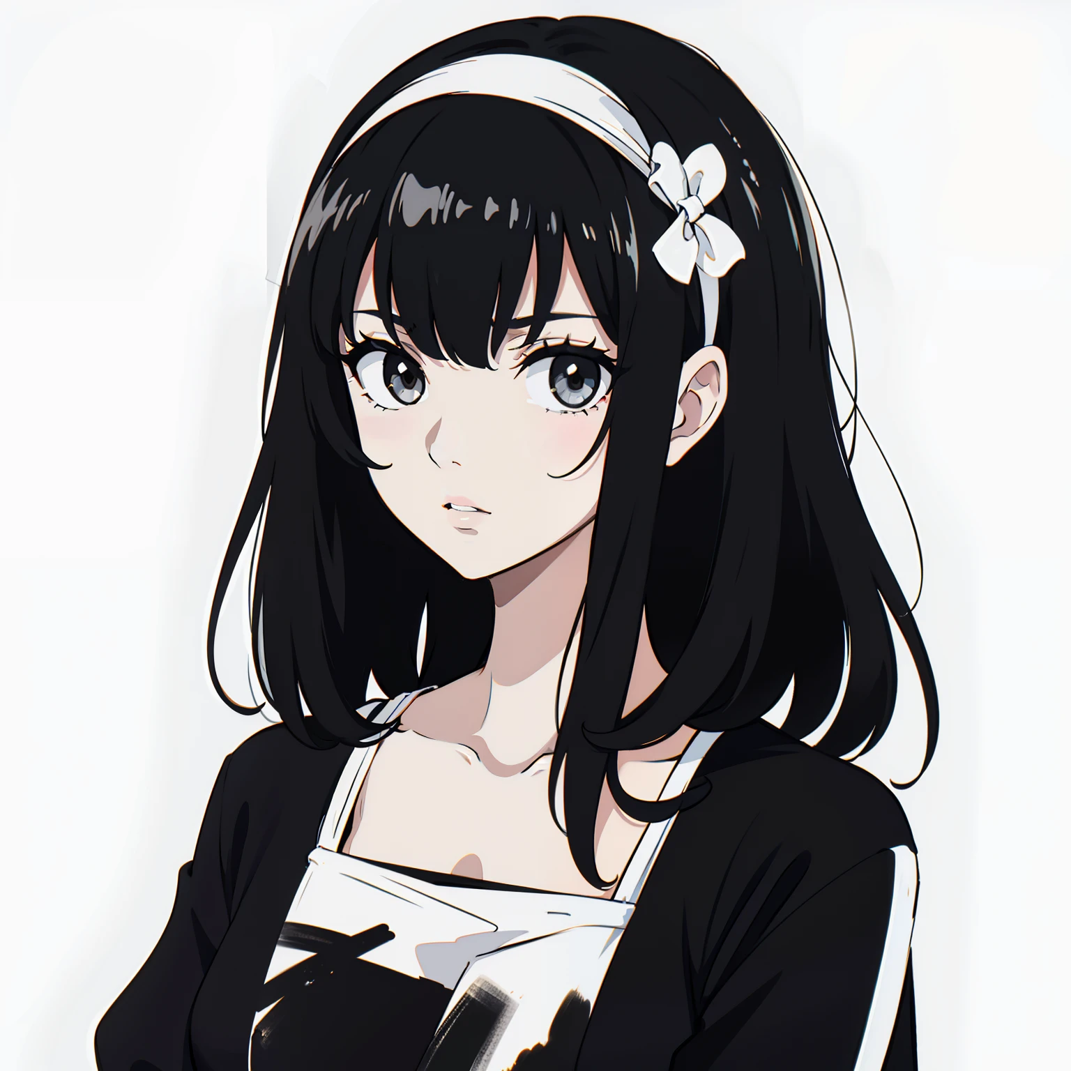 Nonchalant expression, black and white, disheveled fringe, medium messy hair, alluring look, black and white,Black and white painting,White background,Side Face,Hairband