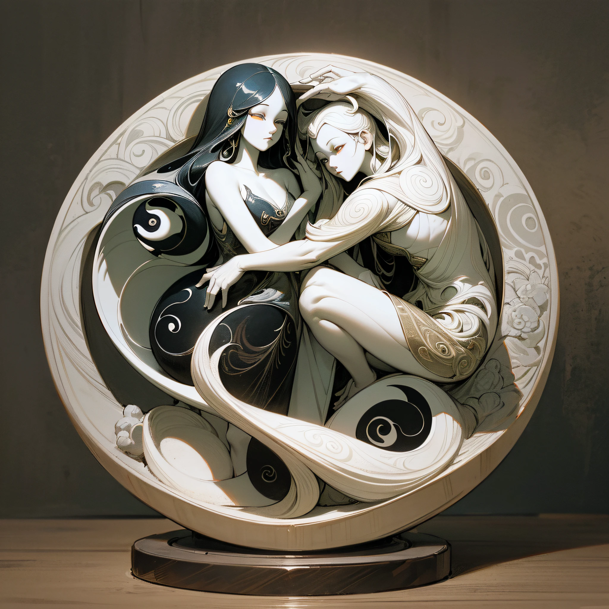 (maximum quality, exquisite drawing, best lighting, best shading), Yin Yang-shaped statue, under the moon and sun, detailed and realistic, intricate details, carved from black and white marble, glowing with moonlight and sunlight, a perfect balance of light and dark, mystical and serene.