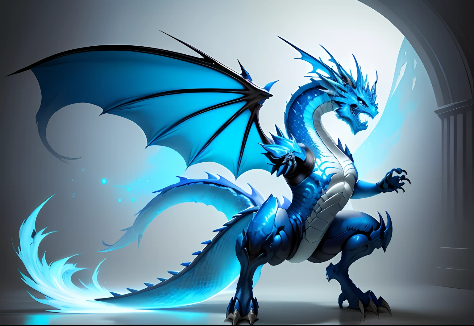there is a drawing of a blue and white dragon on a white wall, chinese dragon concept art, airbrush concept art, dragon inspired blue armor, full body dragon concept, painted as a game concept art, airbrush render, stylized as a 3d render, anthro dragon art, fantasy creature concept art, stylized concept art