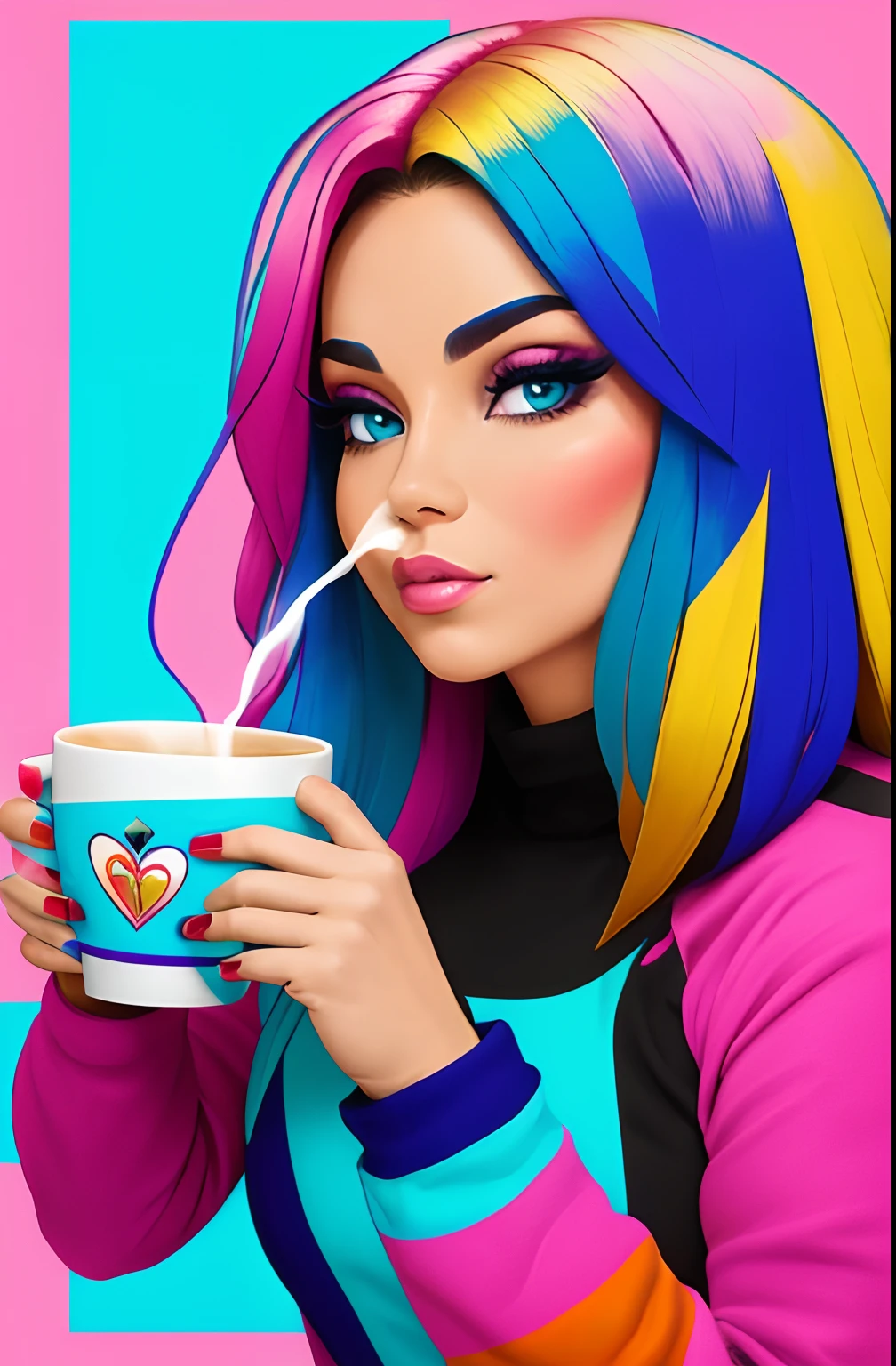 (A BEAUTIFUL WOMAN WITH A CUP OF COFFEE COMING OUT SMOKE IN HER HAND, Beautiful cup ,coloridas ,pink and blue WRITTEN WE COOFFE ON THE CUP ), Eduardo Kobra ,Romero Brito,The Filling Twins ,multidimensional geometric wall PORTRAIT, arte, Chibi,
Yang08k, lindo, Colouring,
Primary works, qualidade superior, melhor qualidade, Arte Oficial, Beautiful and Aesthetic, 128 mil