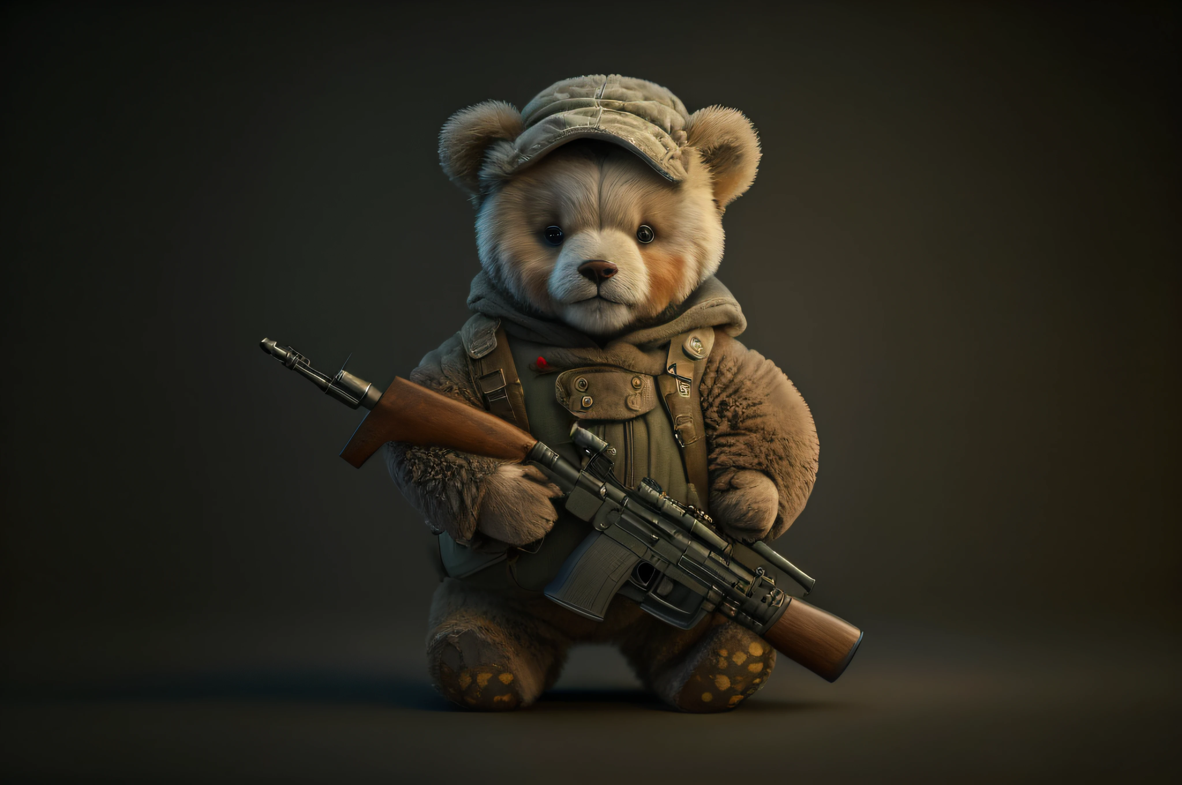 There's a teddy bear with a gun and a hat, Wojtek FUS, the teddy bear is holding a gun, Sergey Zabelin, Directed by: Adam Marczyński, Directed by: Artur Tarnowski, Directed by: Tadeusz Pruszkówski, bonito 3 d render, Directed by: Ludwik Konarzewski