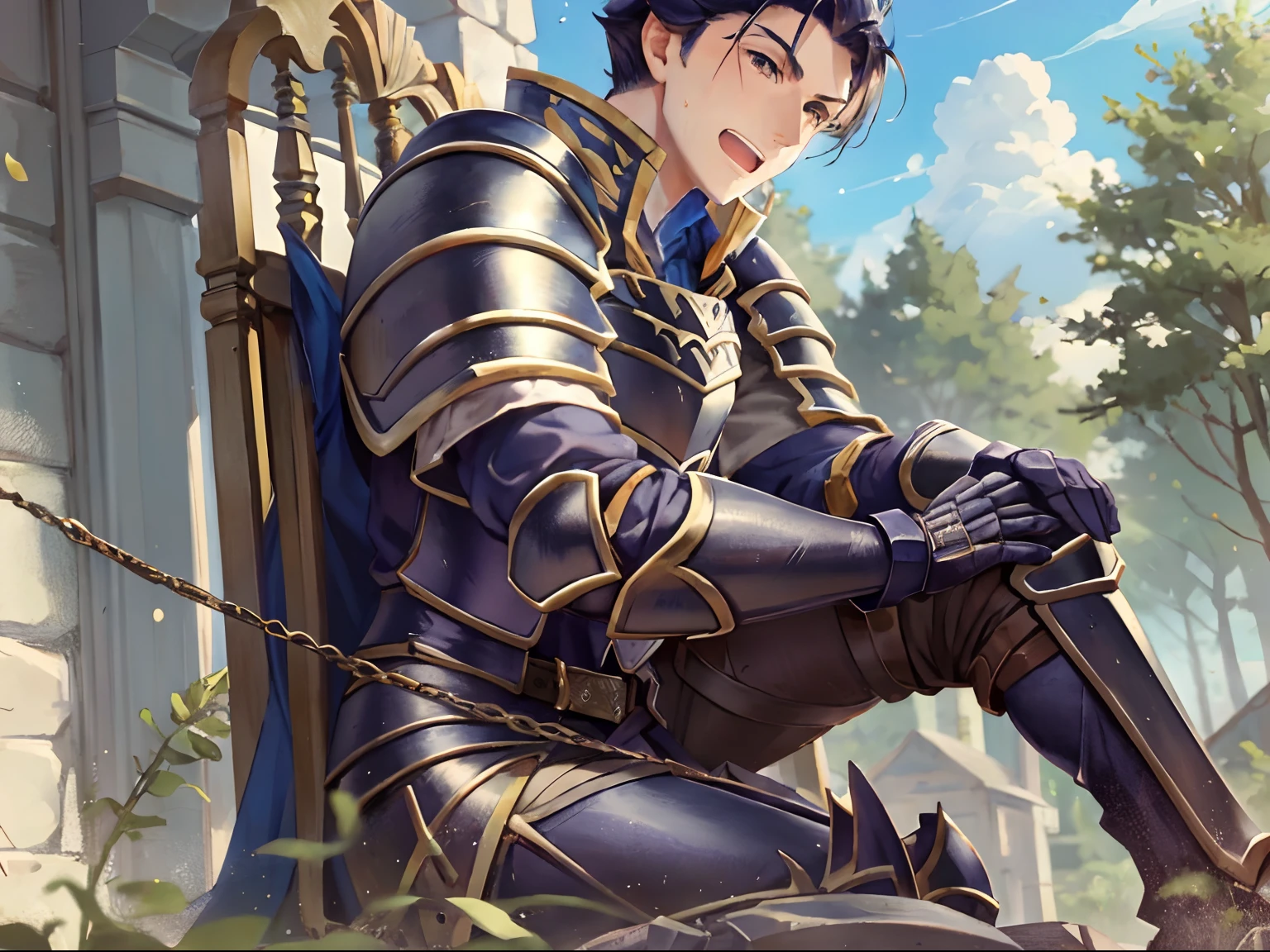 Hector Fey, 独奏, looking at viewert, Teasing laughter, Open your mouth,drools,perspire,Drenched,Get wet,mitts, 1 man, Male focus, sit astride(sit on chair),Cloak, Armour, Shoulder armor, look from down