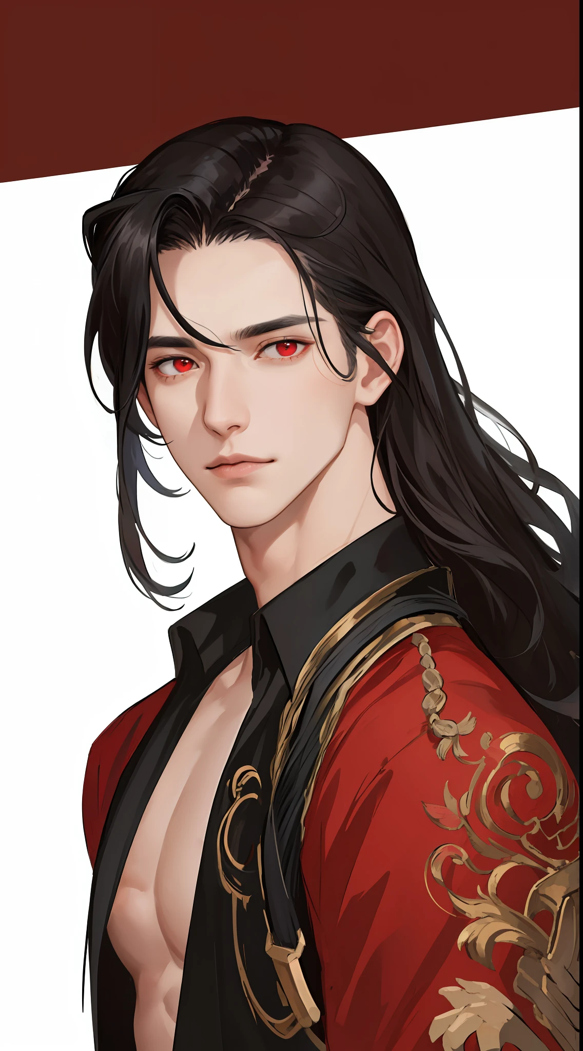 masterpiece, best quality, realistic, 1man, male focus, tall muscular, long wavy black hair, flying bangs, red eyes, handsome, black shirt, portrait,extremely detailed face, white background, simple background