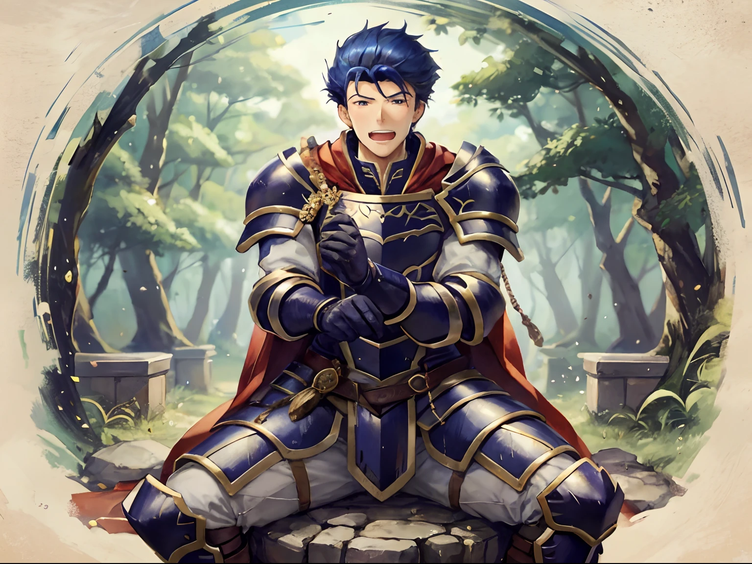 Hector Fey， 独奏， looking at viewert， Teasing laughter， Open your mouth，drools，perspire，Drenched，Get wet，mitts， 1 man， Male focus， sit astride（sit on chair），Cloak， Armour， Shoulder armor， look from down