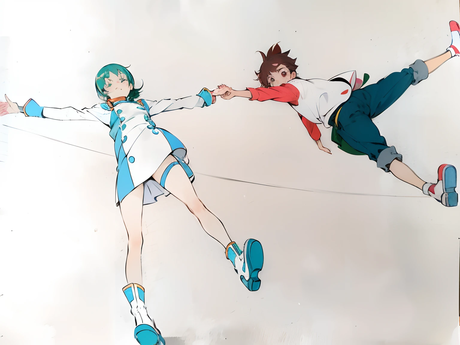 Draw two people holding hands in the air, author:Uesaka Seka, colored sketch anime manga panel, High-quality fanart, author:Yuki Ogura, author:Rei Kamoi, inspired by Naoko Takeuchi, inspired by Leiko Ikemura, author:Middle Bokuhn, drawn like the anime speed racer