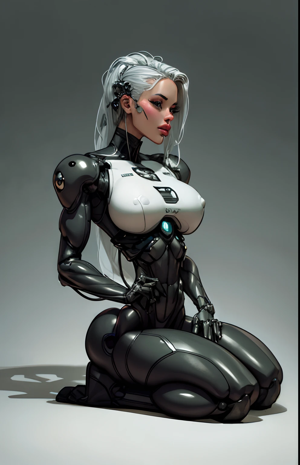 complex 3d render ultra detailed of a beautiful porcelain profile woman android face, cyborg, robotic parts, 150 mm, beautiful studio soft light, rim light, metallic exoskeleton spine, vibrant details, hollow torso, metal ribs, luxurious cyberpunk, lace, hyperrealistic, anatomical, facial muscles, cable electric wires, microchip, elegant, beautiful background, octane render, H. R. Giger style, 8k, best quality, masterpiece, illustration, an extremely delicate and beautiful, extremely detailed ,CG ,unity ,wallpaper, (realistic, photo-realistic:1.37),Amazing, finely detail, masterpiece,best quality,official art, extremely detailed CG unity 8k wallpaper, absurdres, incredibly absurdres, robot, silver halmet, full body, sitting