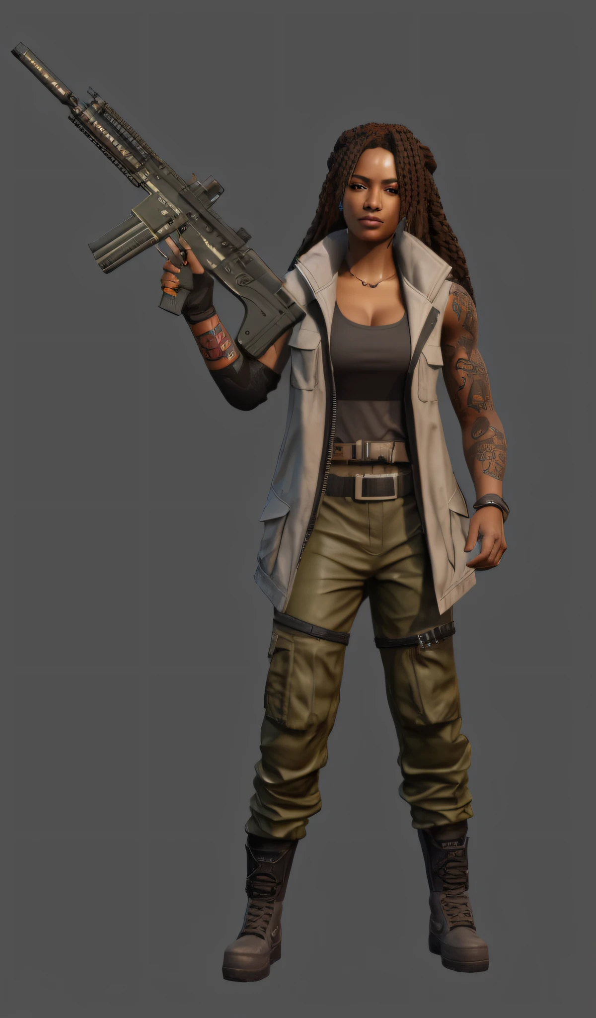 A man with a gun，Close-up of wearing a jacket,cargo pants，Khaki pants， black female，negroid，Tattooed with，Arm tattoos，heroines, Female character, 8k character concept art, 8 k character concept art, loba andrade from apex legends, apex legends character, sci fi female character, realistic character concept, character render, diesel punk female, 3 D rendering character art 8 K, cyberpunk character