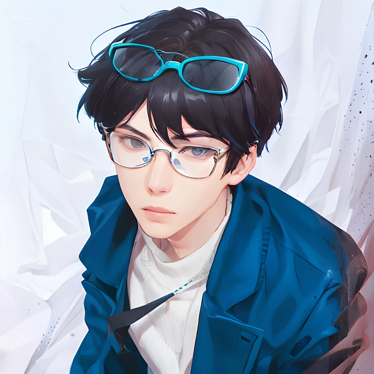 1man, kim dokja, realistic, pale skin, black hair, short hair, black eyes, blue jacket, wear blue neckle, hair with suglasses, ultra detail, handsome, 70mm lens, 3D