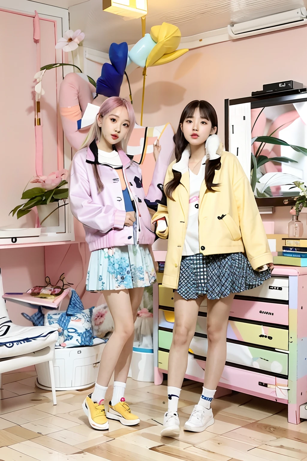 Two young girls standing next to each other in a room, casual modern clothing, casual clothing style, korean female fashion model, wearing jacket and skirt, designed for cozy aesthetics!, modern casual clothing, loose coat collar sailor uniform, pastel clothing, in pastel colors, ulzzangs, Komono, sakimichan, Casual clothing, feminine in cute pastel shades