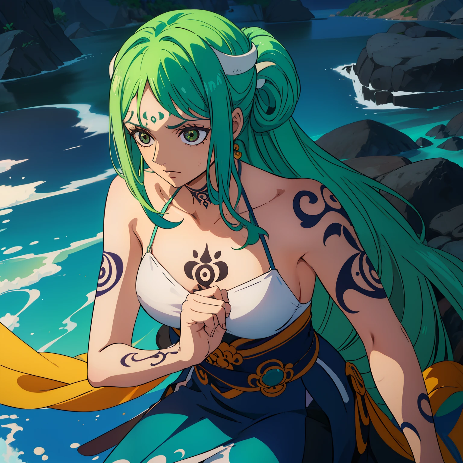 (uma garota com cabelos verdes:1.3, olhos roxos:1.2, 1 chifre no lado direito da testa, roupas pretas, Upper Arm Tattoo, seios grandes, Oni race)