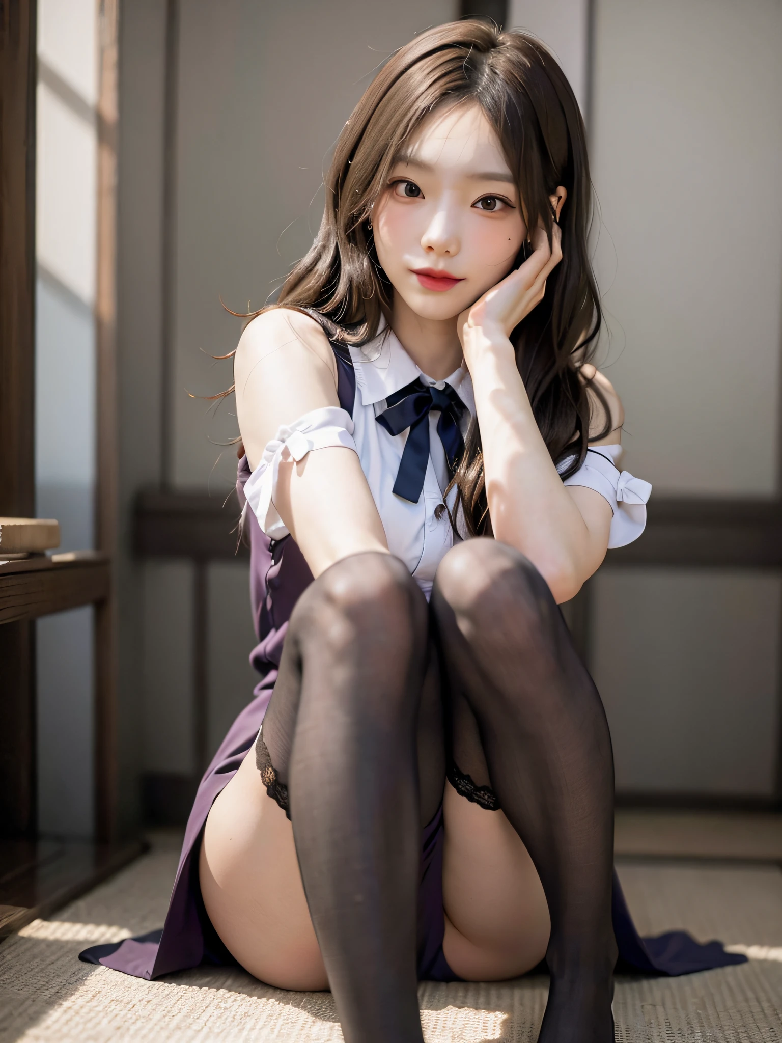 film photography, 1girl, ((Japanese girls' high school uniform)), ((no panties)), ((dynamic pose))), (camel toe), (half), (pantyhose), (knee-bending leg sitting)), very detailed CG uniform, seductive smile, medium breast, full body, drunk blush:1.5, black wavy shoulder-length hair, serene, calm, (realistic detailed eyes, natural skin texture, realistic face details), soft dramatic lighting, depth of field, bokeh, vibrant details, finely detailed, hyperrealistic