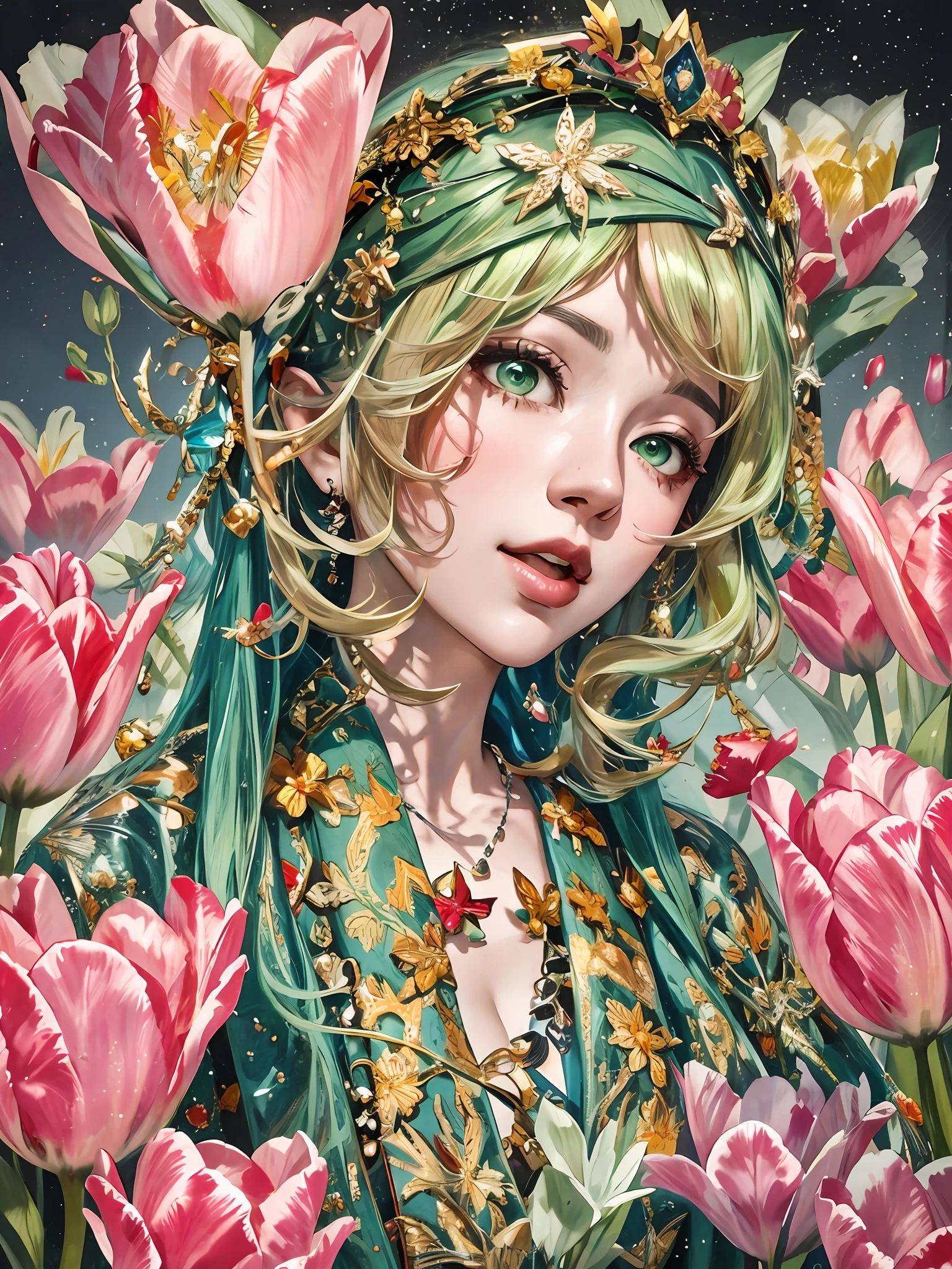 offcial art,统一 8k 壁纸,ultra - detailed,Beauty and aesthetics,tmasterpiece,best qualtiy,(zentangle,datura,Tangles,entangled),(s fractal art:1.3),1girll,Green-pink hair,Green eyes of water elves,The is very detailed,dynamic angle,cow boy shot,The most beautiful form,Fauvist design,vivd colour,(((Lots of colorful tulips))),romanticism lain,James Jean,Robbie Devi Antono,ross tran,Francis Bacon,Michal Mraz,adrian ghenie,petra cortright,Gerhard Richter,Takato Yamamoto,Ashley Wood,elegant,