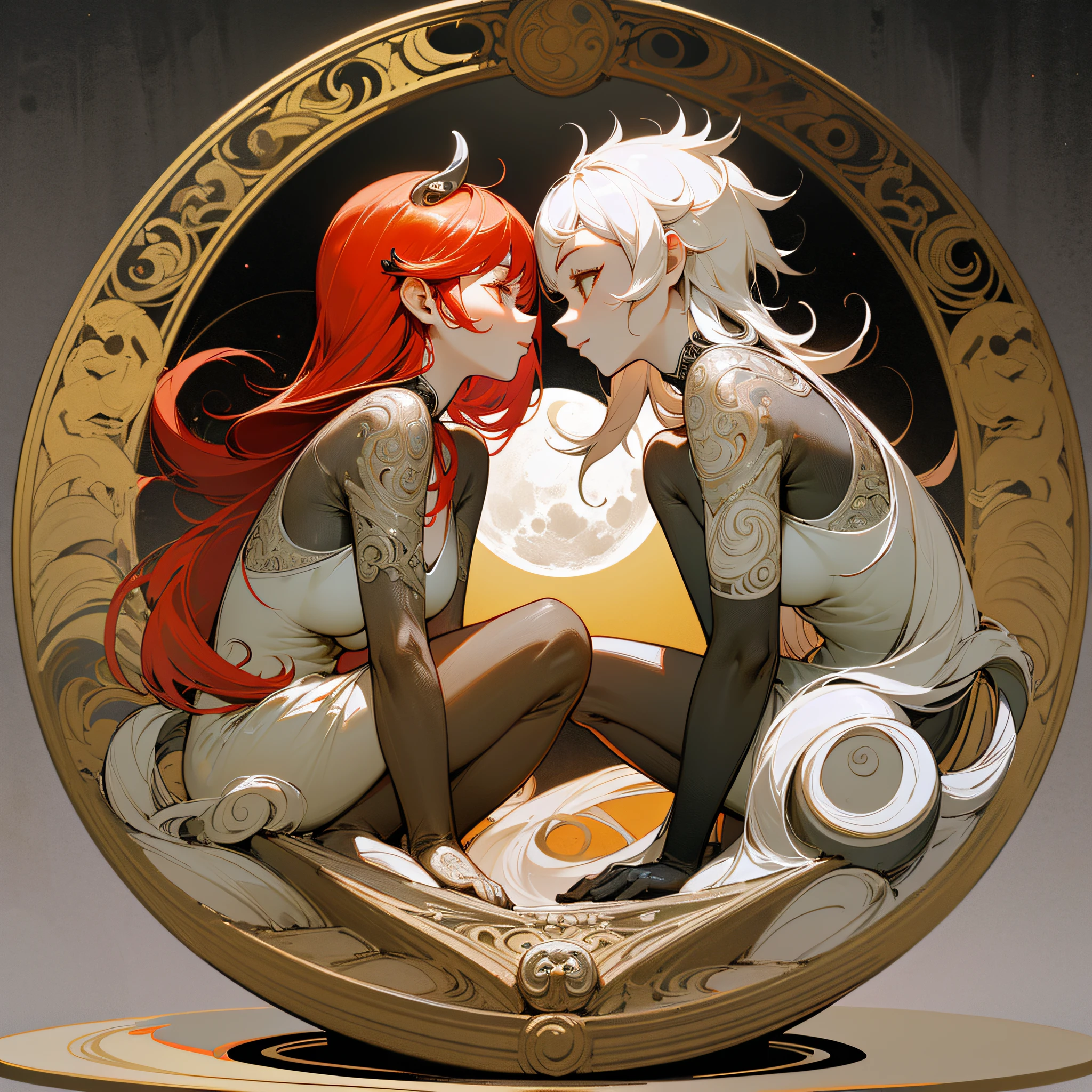 (maximum quality, exquisite design, better lighting, better shading), statue in the form of Yin Yang, under the moon and the sun, detailed and realistic details, intricate, carved in red and yellow marble (only the multicolored hair), shining with moonlight and sunlight, a perfect balance between light and dark, mystical and serene.