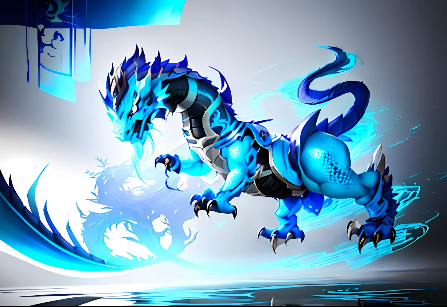 there is a drawing of a blue and white dragon on a white wall, chinese dragon concept art, airbrush concept art, dragon inspired blue armor, full body dragon concept, painted as a game concept art, airbrush render, stylized as a 3d render, anthro dragon art, fantasy creature concept art, stylized concept art