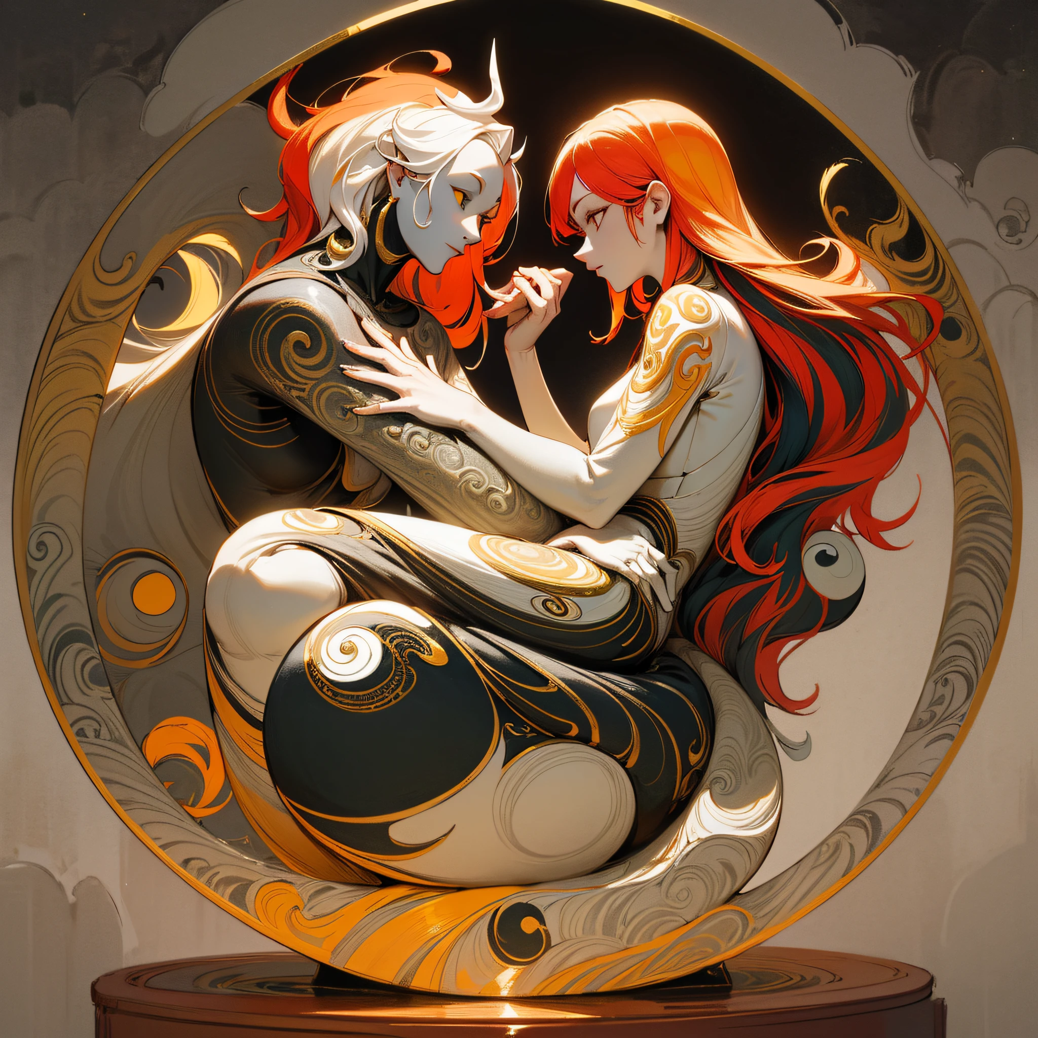 (maximum quality, exquisite design, better lighting, better shading), statue in the form of Yin Yang, under the moon and the sun, detailed and realistic details, intricate, carved in red and yellow marble (only the multicolored hair), shining with moonlight and sunlight, a perfect balance between light and dark, mystical and serene.