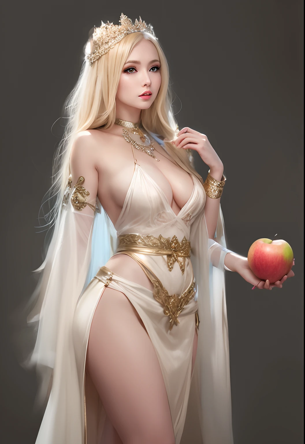 wears a white dress,Arad woman with blonde hair and blond belt, goddes,beautiful and elegant elf queen, concept-art | Art germ, Art germ on ArtStation Pixiv, a beautiful fantasy empress, Fantasy Woman, art by wlop, style of wlop, Deviantart ArtStation CGSCOSIETY, Venus,eating apple