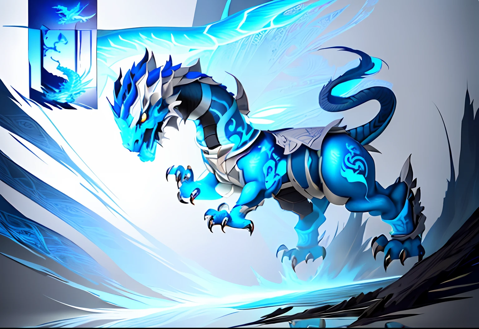 there is a drawing of a blue and white dragon on a white wall, chinese dragon concept art, airbrush concept art, dragon inspired blue armor, full body dragon concept, painted as a game concept art, airbrush render, stylized as a 3d render, anthro dragon art, fantasy creature concept art, stylized concept art