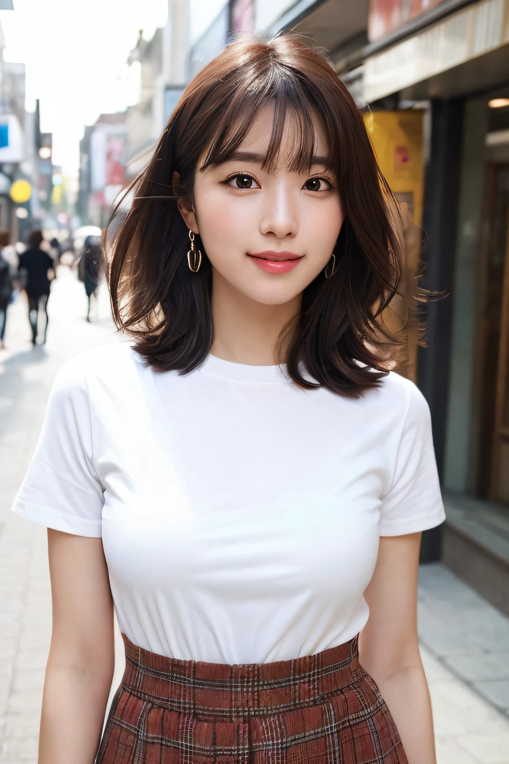 (8k, RAW photos, top quality, masterpiece: 1.2), ultra detailed, super resolution, (real, real photos: 1.37), portraits, high definition RAW color photos, professional photos, very detailed and beautiful, highly detailed, 8k wallpapers, amazing details, huge file size, official art, highly detailed CG Unity 8k wallpapers, highly detailed beautiful girls, highly detailed facesHighly detailed eyes, highly detailed skin, highly detailed fingers, highly detailed nose, highly detailed mouth, perfect anatomy, highly detailed background, highly detailed clothing, one girl, (18:1.2), teen, cute girl, famous Japan idol, cute, realistic body, petite, white skin, radiant skin, slim body, handsome body, brown hair, short curly hair, (blunt bangs: 1.2) , smile, cute, youthful, pretty face, realistic face, delicate eyes, sagging eyes, white shirt, skirt, earrings, camera gaze, cowboy shot, front-facing, standing, contrappost, high street, dynamic lighting,