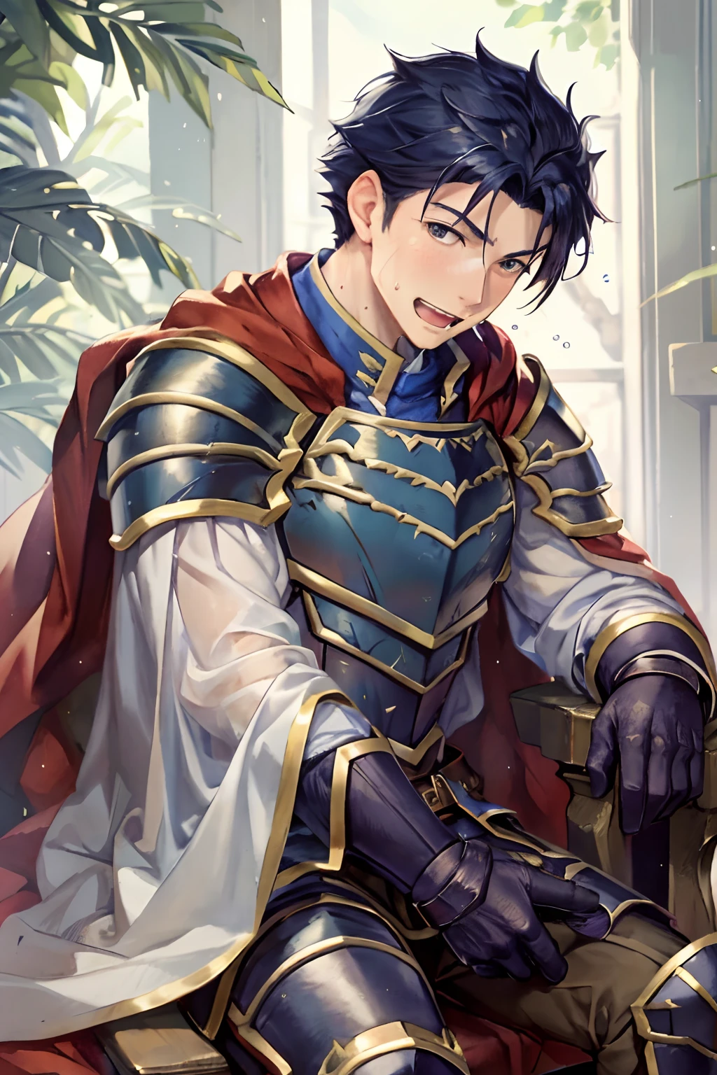 Hector Fey， 独奏， looking at viewert， Teasing laughter， Open your mouth，drools，perspire，Drenched，Get wet，mitts， 1 man， Male focus， sit astride（sit on chair），Cloak， Armour， Shoulder armor， look from down