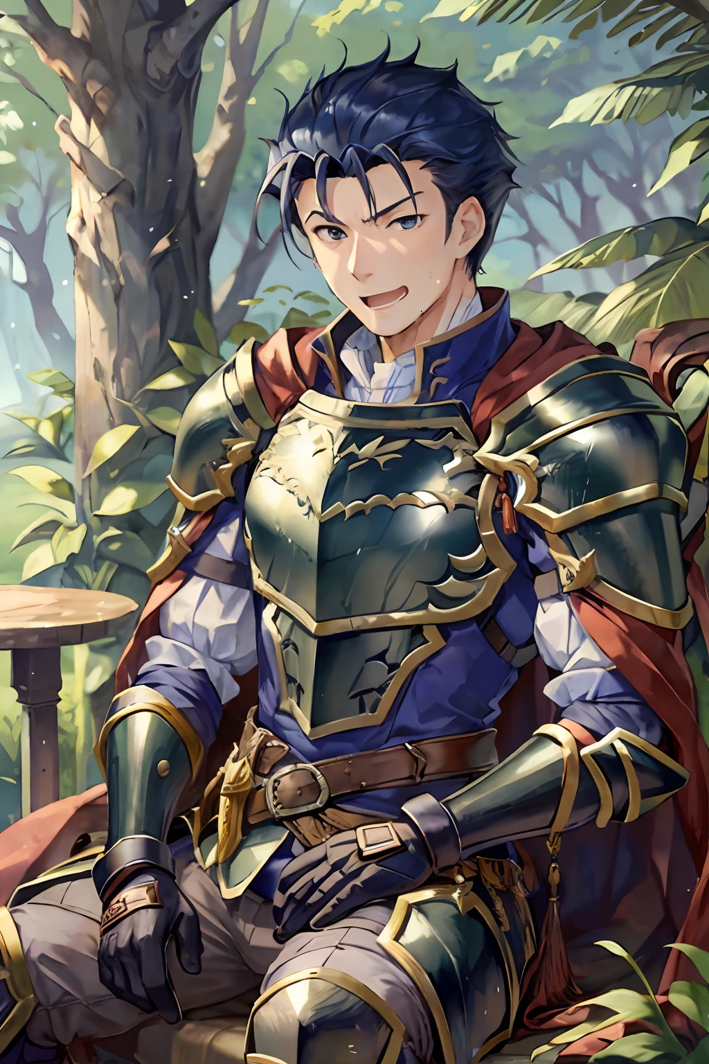 Hector Fey, 独奏, looking at viewert, Teasing laughter, Open your mouth,drools,perspire,Drenched,Get wet,mitts, 1 man, Male focus, sit astride(sit on chair),Cloak, Armour, Shoulder armor, look from down