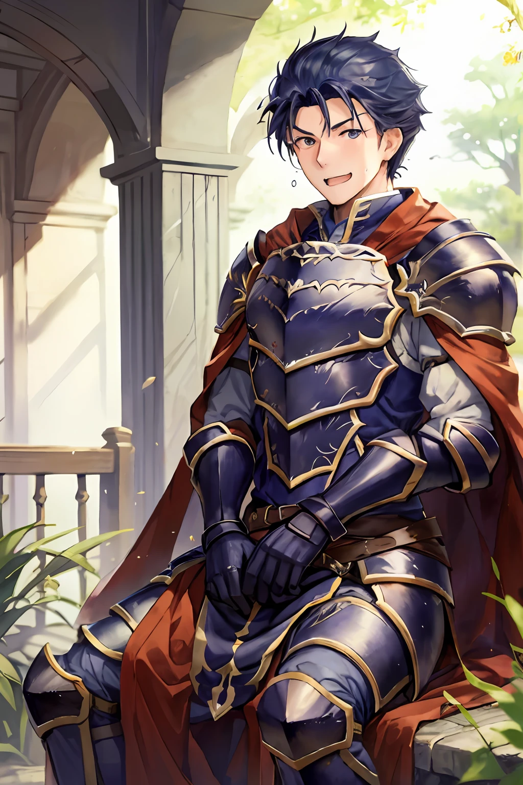 Hector Fey, 独奏, looking at viewert, Teasing laughter, Open your mouth,drools,perspire,Drenched,Get wet,mitts, 1 man, Male focus, sit astride(sit on chair),Cloak, Armour, Shoulder armor, look from down