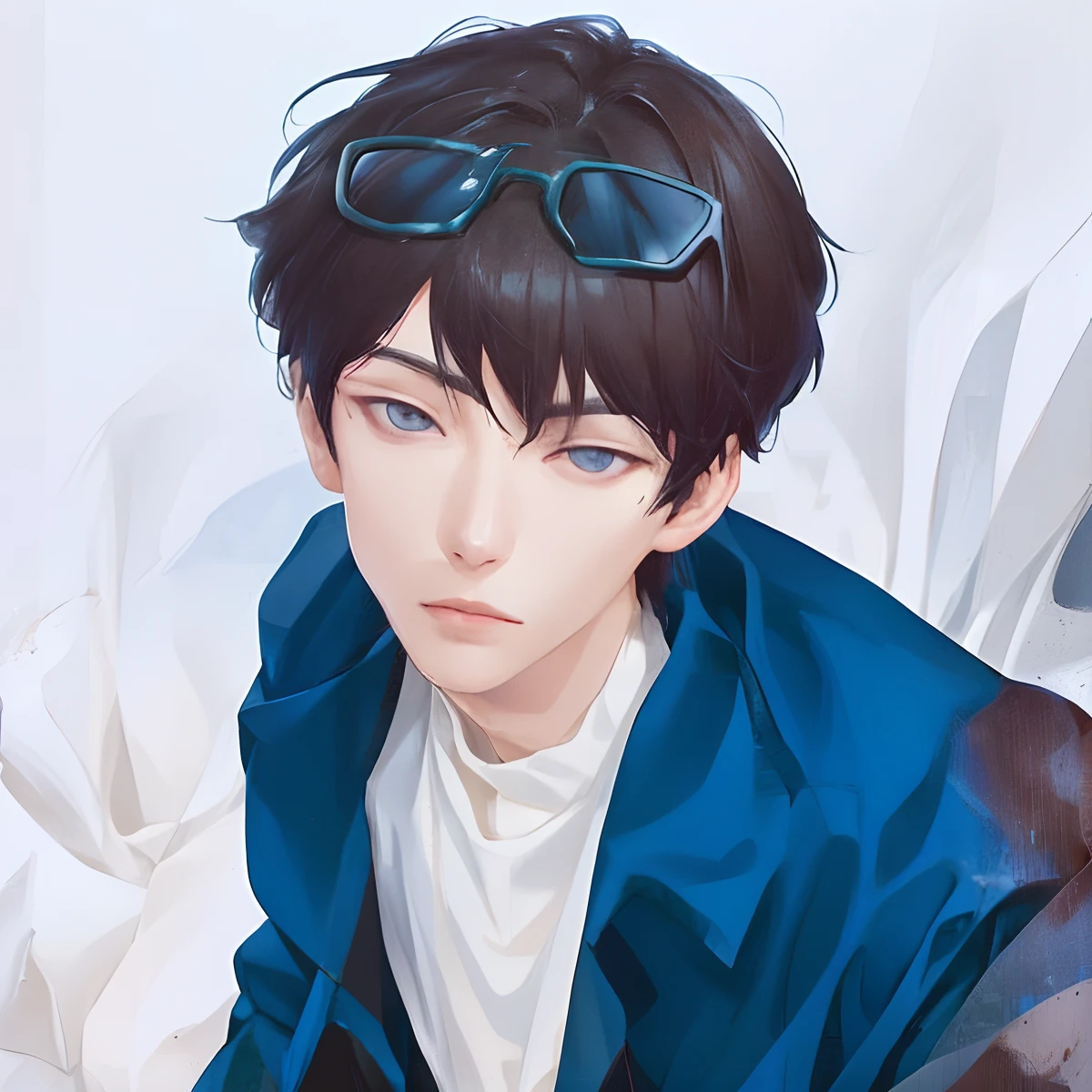 1man, kim dokja, realistic, pale skin, black hair, short hair, black eyes, blue jacket, wear blue neckle, hair with suglasses, ultra detail, handsome, 70mm lens, 3D