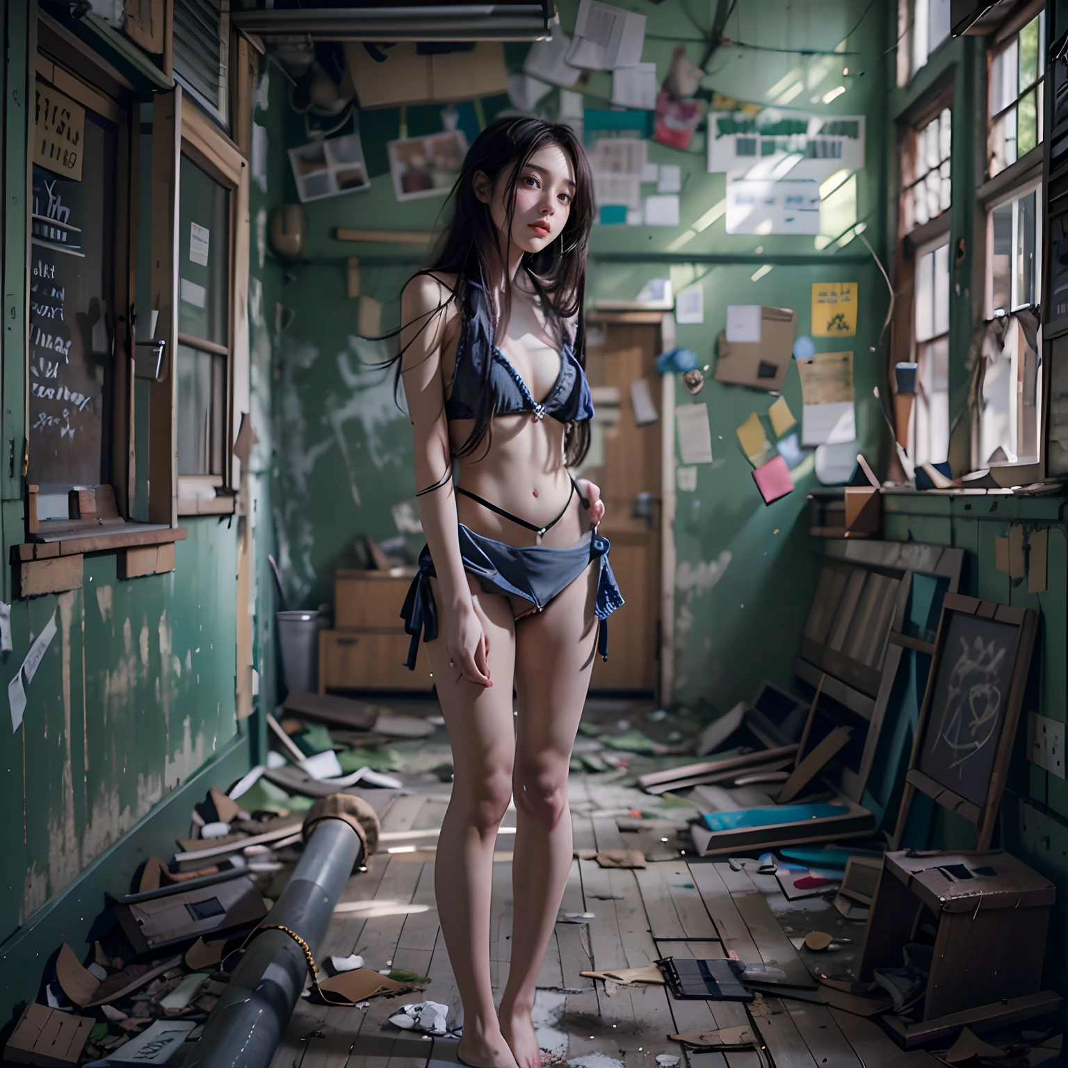 Abandoned schools,Sexy standing pose,full-body portraits(1:1),18 years old girls,Slender and slender figure,Skinny,As thin as a whipping post,Smaller bust,The barefoot,Random nudity all over the body,exhibitionists,Random exposure of genitals,face to the viewer