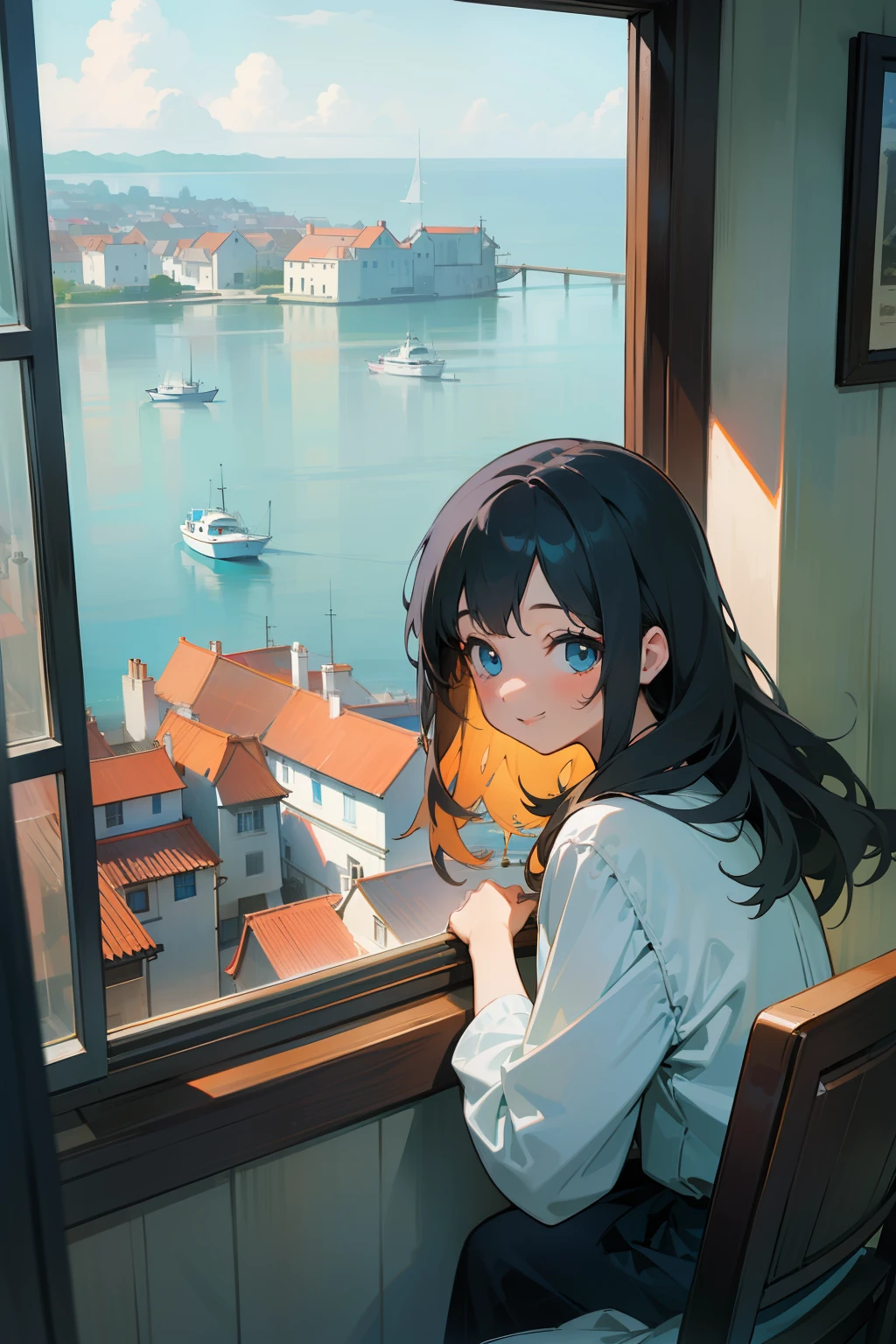 Open the window of the house and look out、Girl Listening Carefully、Admire views of the sea and European-style city in a nostalgic setting。Girl is smiling with her eyes closed.、Listen to the sound of the waves。