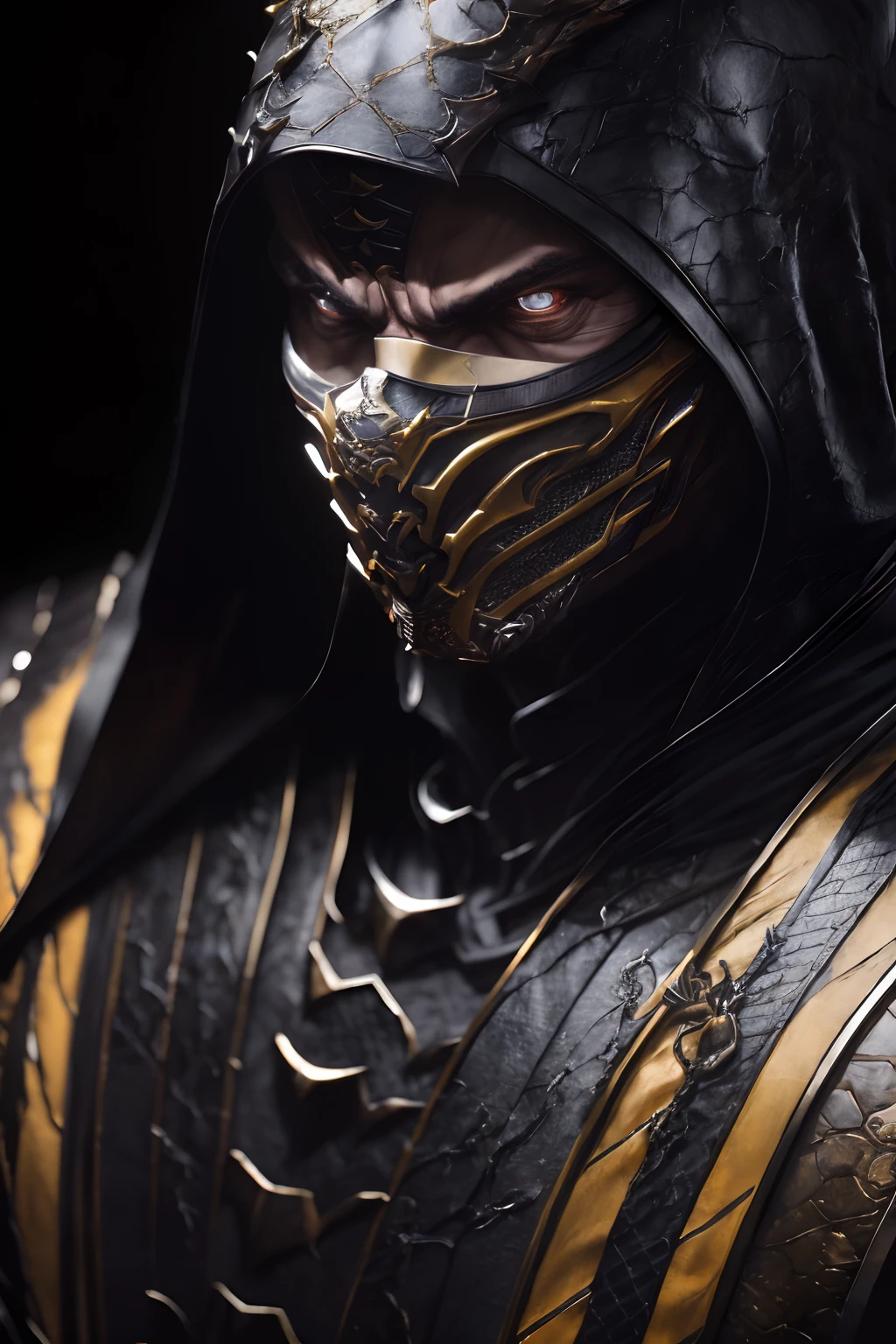 a portrait, scorpion from mortal kombat, detailed white eyes, bladk anc yellow armor, hood, veins on his arm, Intricate, High Detail, Sharp focus, dramatic, photorealistic painting art by greg rutkowski