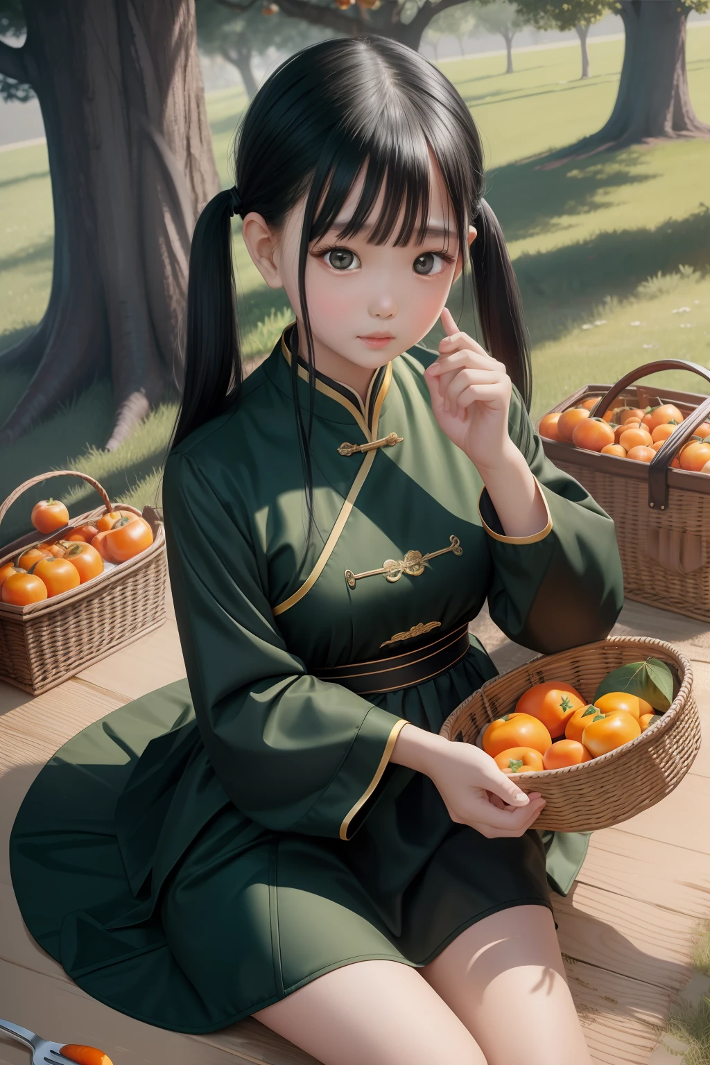 8k，tmasterpiece，high qulity，girl，Black hair and black eyes，oil painted，Q version style，Green long sleeves，Chinese children's clothing，Picnic under the trees，Eat persimmons