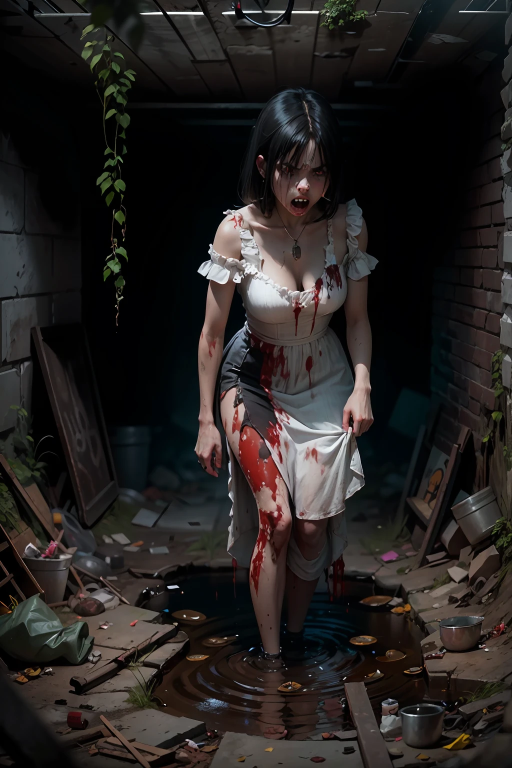 Dead girl climbing from a hole in the ground with a bloody body, 19 years old, pale-skinned, Black hair, whitish and bulging eyes, angry expressions, bloody puddle, Bloody dress, Filthy torn dress, filthy dark basement full of garbage, darkness, Fog, myst, creepy, nffsw, high details, Best Quality, hight resolution, 8K