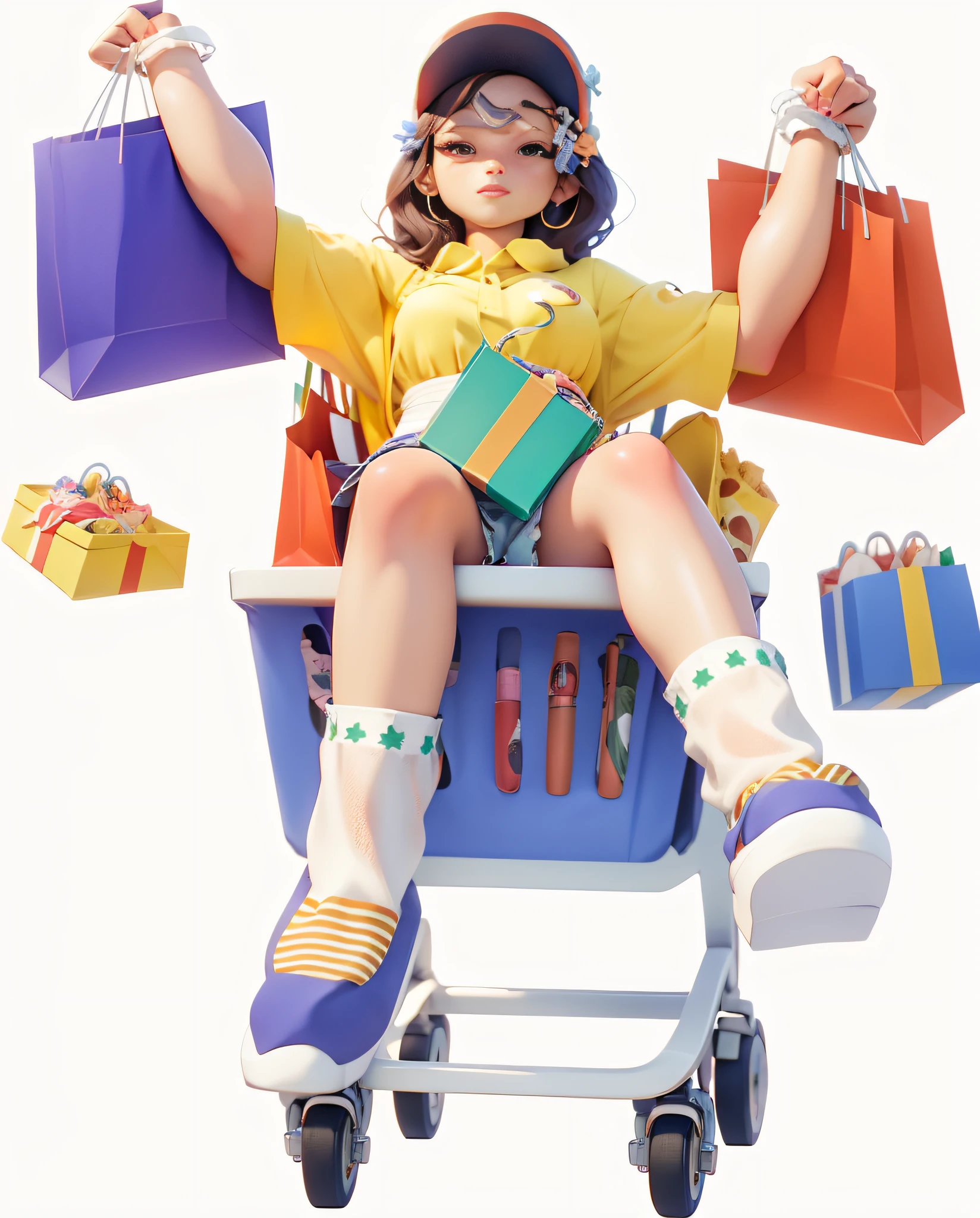 Paradise World/Carnival City，3Drenderingof,Dopamine mood heaven，Summer carnival style，Lovely and sophisticated building，Shop，Premium texture，high-class details，Studio lights ，Girl sitting in shopping cart，shopping bags，Box