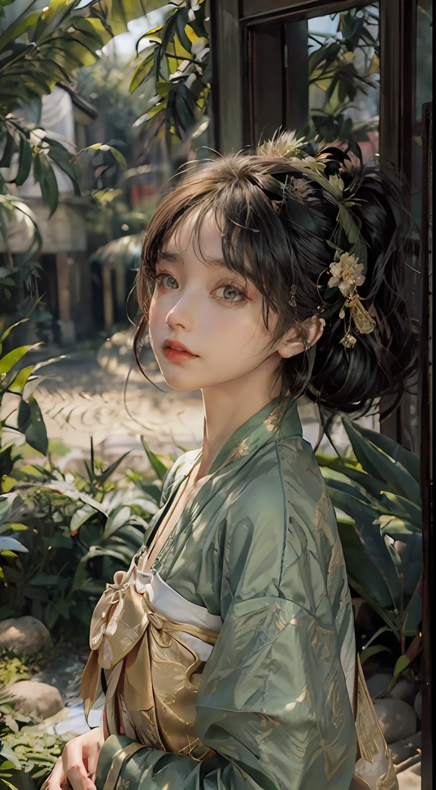 (Photo brute, Best quality), (Realstic: 1.3), Best quality, highly detailed, Masterpiece, hyperdetail, illustration, 1 fille, upper_corps, Angle dynamique, World Mastery Theatre, messy_long_cheveux, Best quality, extremely detailed CG unified 8k wallpaper, encre, Breathtaking, cinematic light, lentille_flare, Gufeng_style, Grands yeux fantastiques, green clothes, Hanfu de la dynastie Tang, (maquillage lourd: 1.2), (Seau 1.2), (Rires), (Gold leaf), Monstera, bambou, Prise de vue principale de Sony