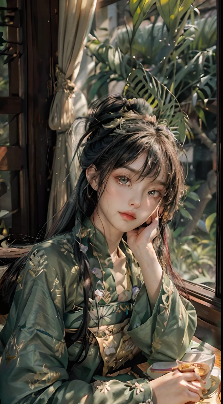 (Photo brute, Best quality), (Realstic: 1.3), Best quality, highly detailed, Masterpiece, hyperdetail, illustration, 1 fille, upper_corps, Angle dynamique, World Mastery Theatre, messy_long_cheveux, Best quality, extremely detailed CG unified 8k wallpaper, encre, Breathtaking, cinematic light, lentille_flare, Gufeng_style, Grands yeux fantastiques, green clothes, Hanfu de la dynastie Tang, (maquillage lourd: 1.2), (Seau 1.2), (Rires), (Gold leaf), Monstera, bambou, Prise de vue principale de Sony