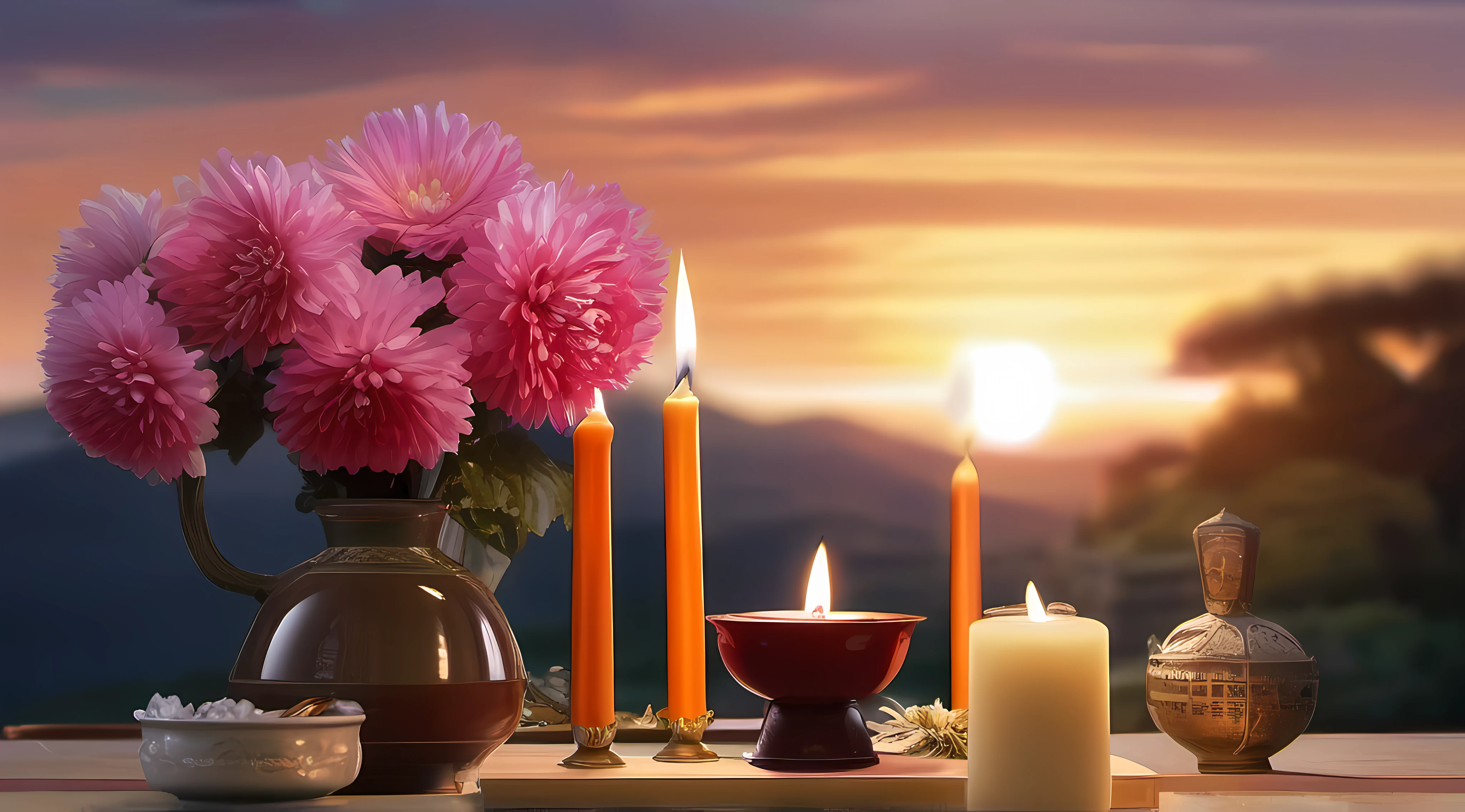 Memorial, waxy candles, incense, Moutai wine, chrysanthemums, Komukai Hioi, the fruits, Placed on the table, sun light, chiaroscuro, god rays, Sony FE GM, highres, high quality, ccurate, 1080P