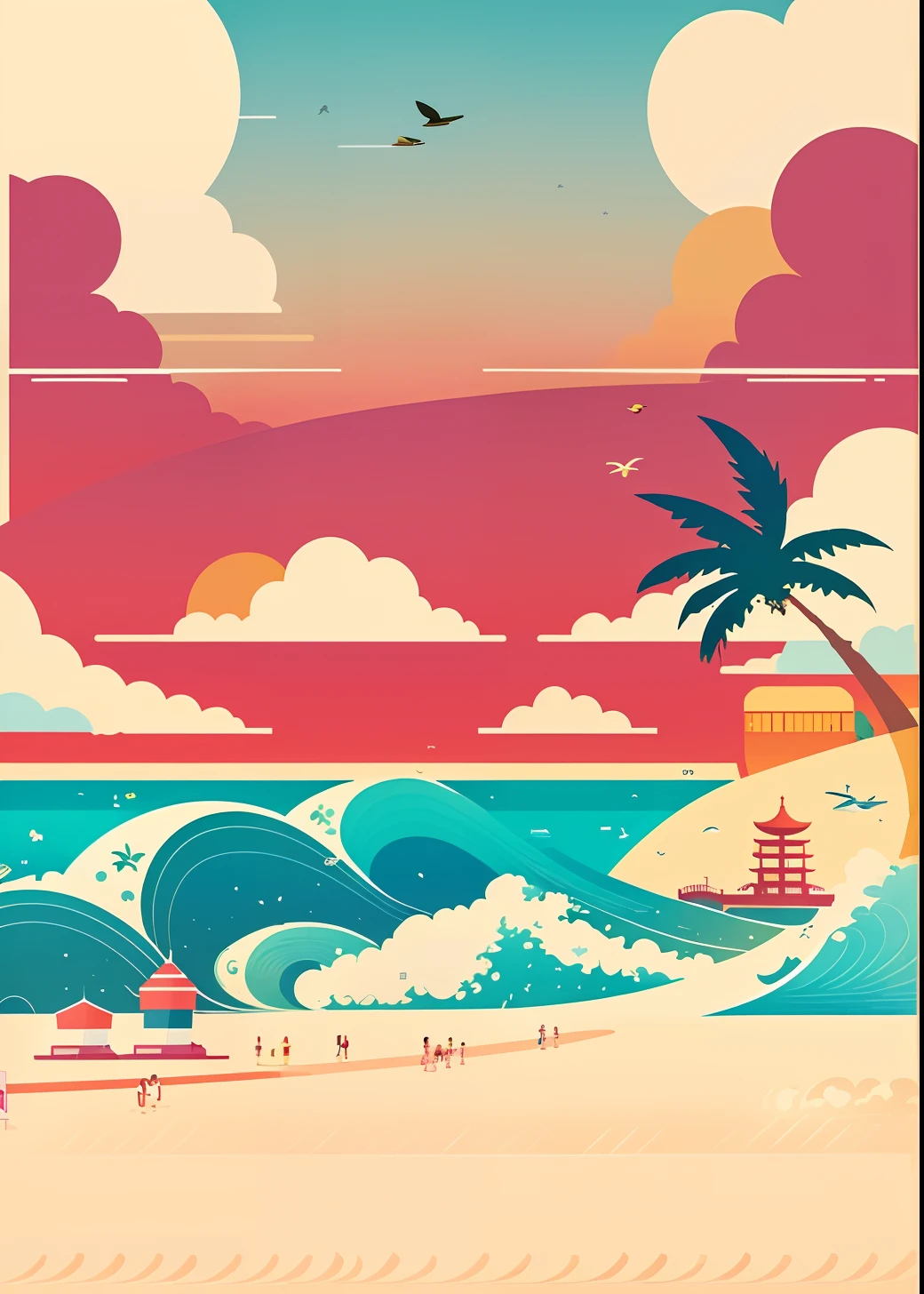 Flat style illustration，Flat illustration，There is a beach and palm trees on it,Hainan Provincial Museum was added、Yundong Library，Add the triangular plum bee goby, poster for ; Summer, Poster illustration, poster background, ​​clouds、 vibrant tourism poster, summer festival in background, Poster design, poster for, clouds and waves, illustrated poster, A beautiful artwork illustration, artwork in the style of z.Show on the. gu, travel poster