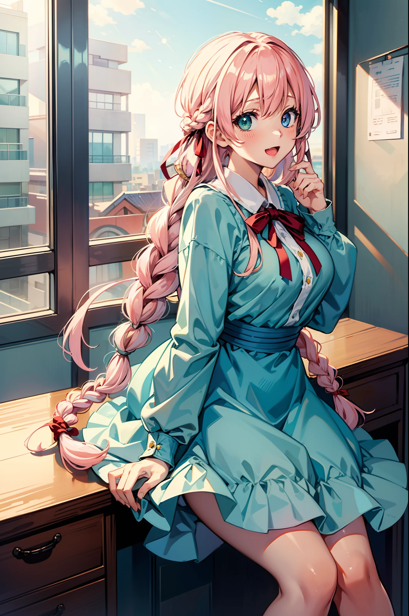 Anime illustrations in the style of "Kyoto Animation", Highest quality, (Cute: 1.1), (Cute), (high resolution: 1.2), Incredibly Ridiculous res: 1.3, Incredibly Fine Illustrations, Break 1 Beautiful Girl, Solo, (Heterochromia, light blue eyes and light green eyes), silhouette of star eyes, Solo, Standing figure, cheerfulness, :D, Princess Eyes, Big breasts, Break, Braid, Light pink hair, semi long hair, red ribbon at the end of braid, Sitting at your desk, angle from side, Take a break and look at the iPhone, Office,