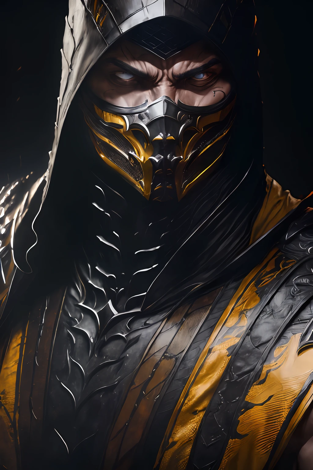 a portrait, scorpion from mortal kombat, detailed white eyes, bladk anc yellow armor, hood, veins on his arm, Intricate, High Detail, Sharp focus, dramatic, photorealistic painting art by greg rutkowski