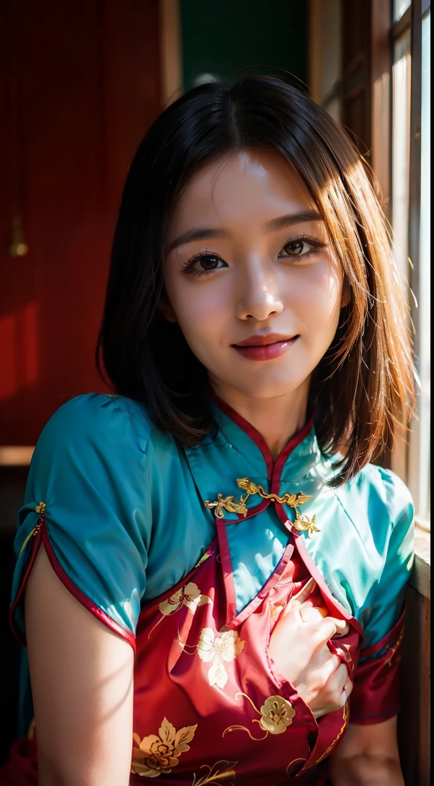 on cheongsam，Kizi，study room，quill，facing at camera，ssmile，Beautiful face，k hd，Rich background，Bright colors，The light source，4k，Portrait photos