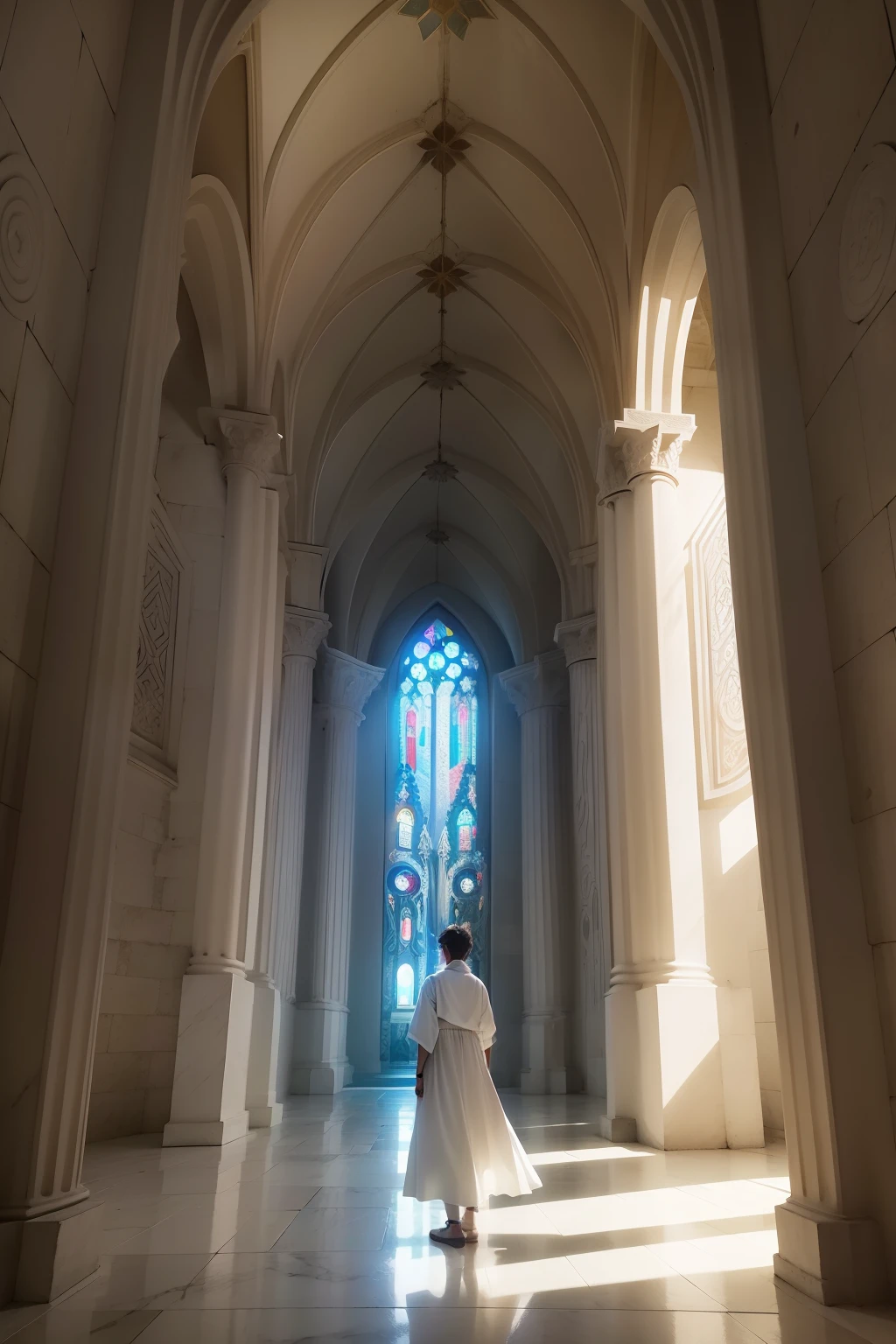 o garoto Samuel, vestido em um manto branco imaculado, ajoelha-se no templo, iluminado pela chama dourada de uma lamparina no templo. Shadows dance on the stone walls, enquanto a aura sagrada do local o envolve.