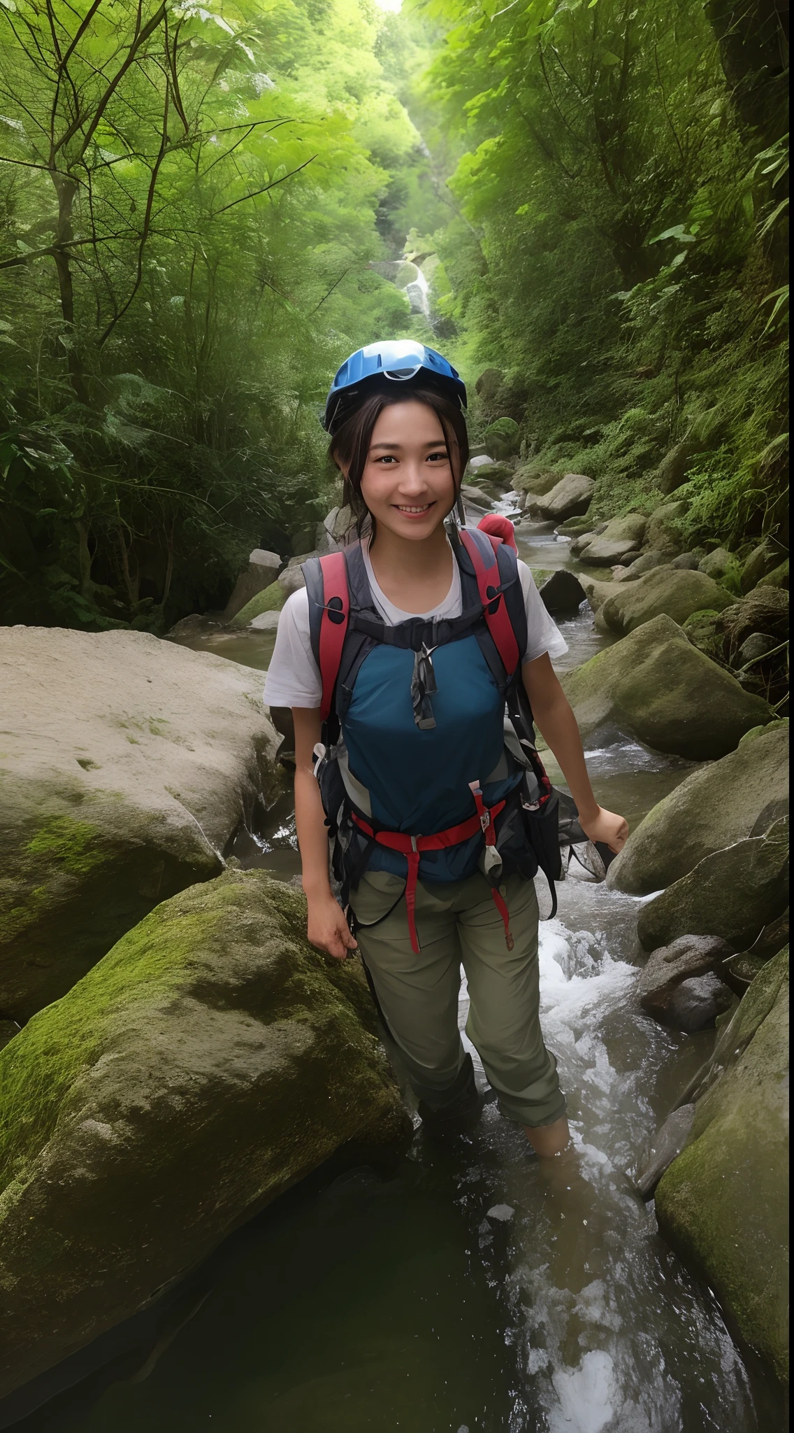 mountain climbing、Big waterfall in the background、Otaki Climb、Emerald Green Waterhole、Waist-deep in water、Breaststroke swimming in the abyss、hiking boots、Blue mountaineering wear、Bright valley、(top-quality、8K、​masterpiece:1.3))、full body Esbian、long legged、Beautiful woman with perfect body shape:1.4、A slender、dark brown  hair、Mountaineering Wear、Highly detailed facial and skin texture、A detailed eye、二重まぶた、a smile、Smaller chest、Less exposure、backpack、poneyTail、Sawa tabi、helmets、Climbing rope、helmets、