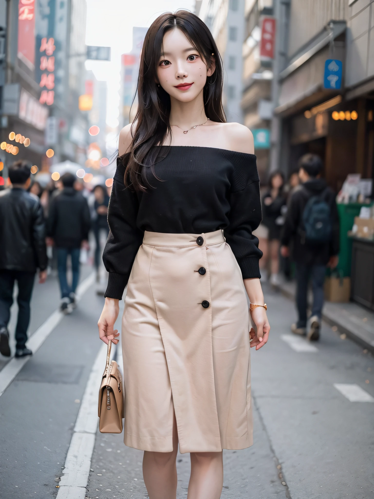 film photography, 1girl, A Korean college student, Slightly droopy eye corner, On a bustling Seoul street, she stood confidently, taking in the energy and vibrancy of the city as she breathed in the sweet scent of street food and smiled at passersby., seductive smile, medium breast, full body, drunk blush:1.5, black wavy shoulder-length hair, serene, calm, (realistic detailed eyes, natural skin texture, realistic face details), soft dramatic lighting, depth of field, bokeh, vibrant details, finely detailed, hyperrealistic