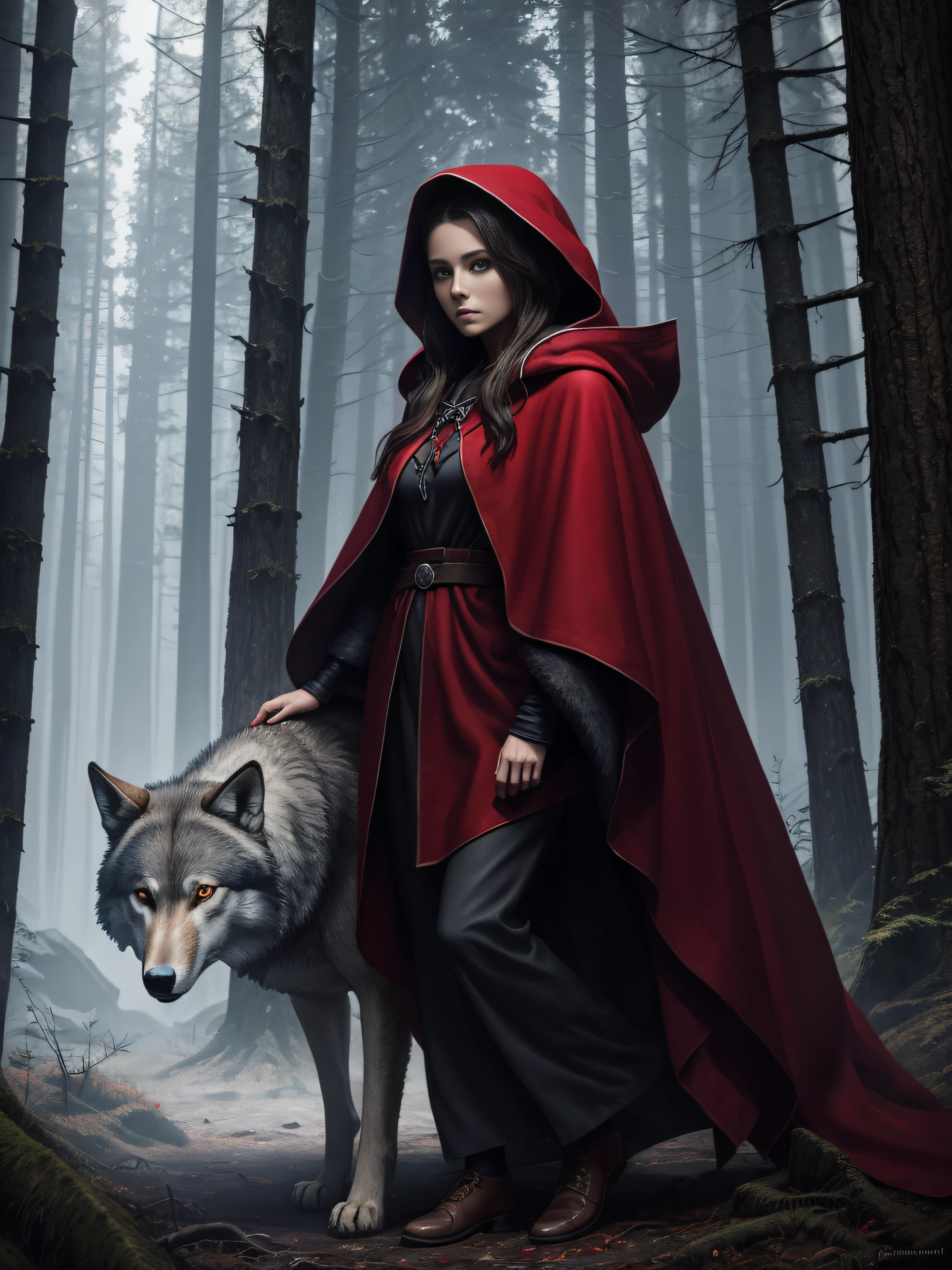 The Girl in the Red Cloak with the Wolf in the Dark Forest detailed digital painting, a photorealistic painting, art photography