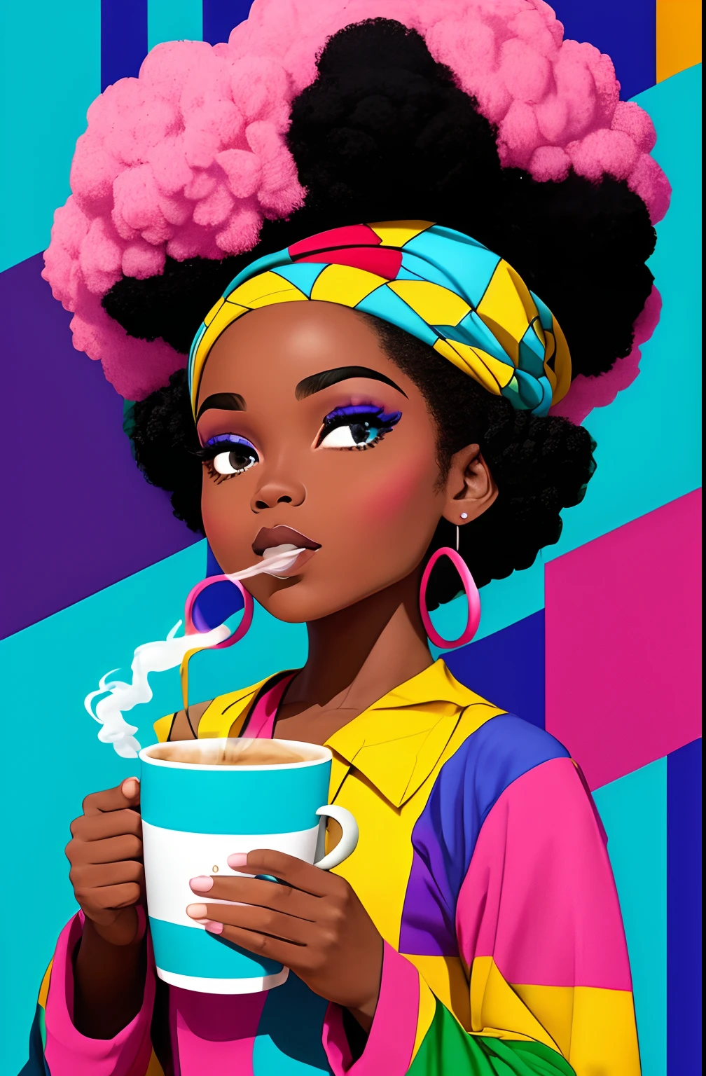 (A BEAUTIFUL AFRO-DESCENDANT WOMAN WITH A CUP OF COFFEE COMING OUT SMOKE IN HER HAND, Beautiful cup ,Coloridas ,pink and blue WRITTEN WE COOFFE IN THE CUP ),  Eduardo Kobra ,Romero Brito,The Filling Twins ,multidimensional geometric wall PORTRAIT, arte, Chibi,
Yang08k, lindo, Colouring,
Primary works, qualidade superior, melhor qualidade, Arte Oficial, Beautiful and Aesthetic, 128 mil