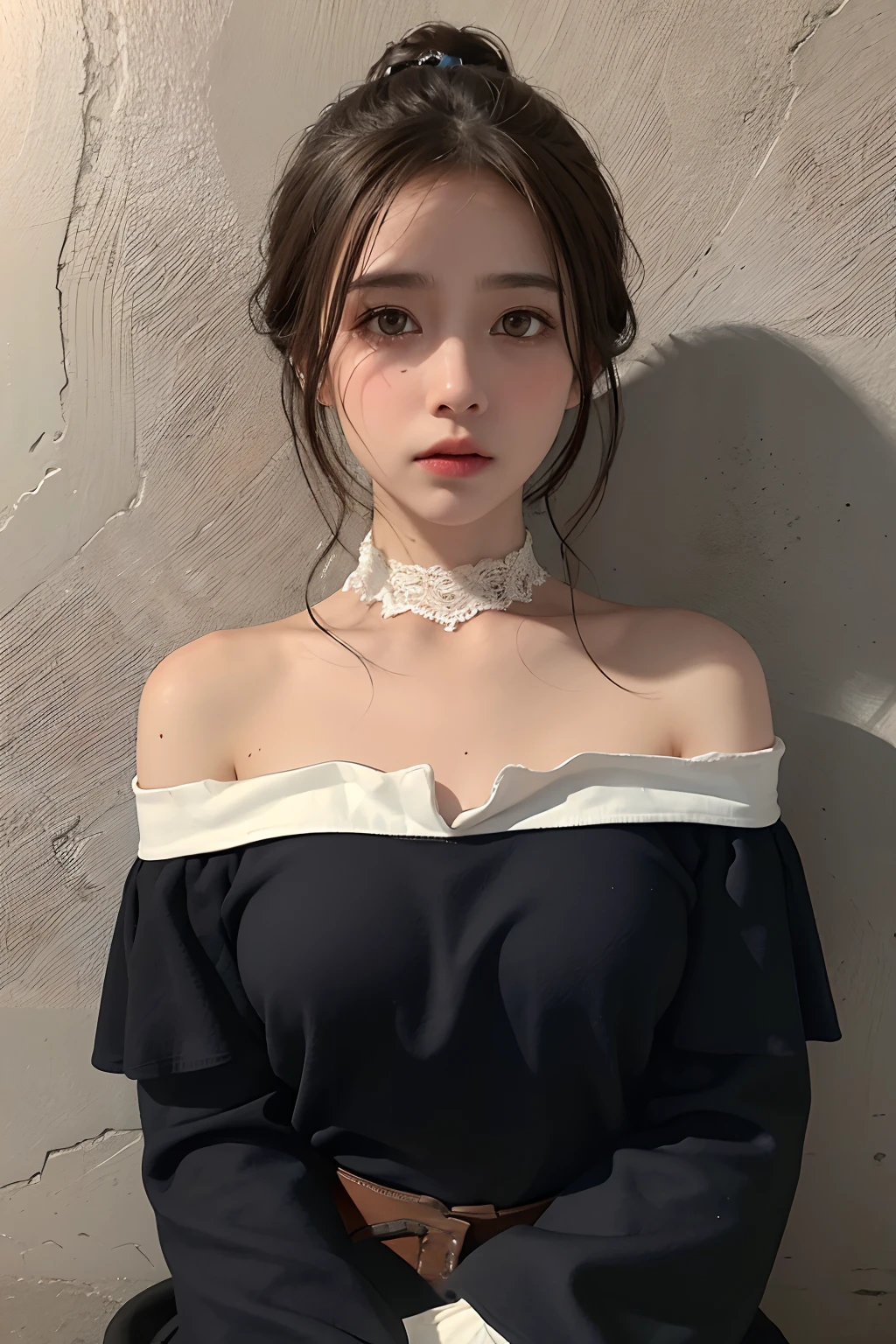 Best quality, masterpiece, ultra high res, (photorealistic:1.4), raw photo,  (Authentic skin texture:1.3), (film grain:1.3),  panorama, character portrait,  very wide shot, narrow waist, cowboy shot, (in the dark, deep shadow, low key, cold light,) night, close-up,  streaming tears, 
indoor, dust, Tyndall effect, sad, disappointed, gloom (expression),  sitting,  (against wall), crying, frown, (head bowed), nervous, tearing up, lonely,
1girl, beautiful detailed eyes and face, white jabot, off shoulder, brown eyes,