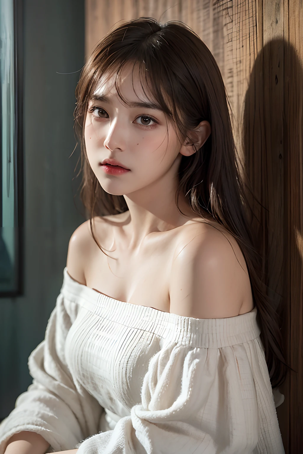 Best quality, masterpiece, ultra high res, (photorealistic:1.4), raw photo,  (Authentic skin texture:1.3), (film grain:1.3),  panorama, character portrait,  very wide shot, narrow waist, cowboy shot, (in the dark, deep shadow, low key, cold light,) night, close-up,  streaming tears, 
indoor, dust, Tyndall effect, sad, disappointed, gloom (expression),  sitting,  (against wall), crying, frown, (head bowed), nervous, tearing up, lonely,
1girl, beautiful detailed eyes and face, white jabot, off shoulder, brown eyes,