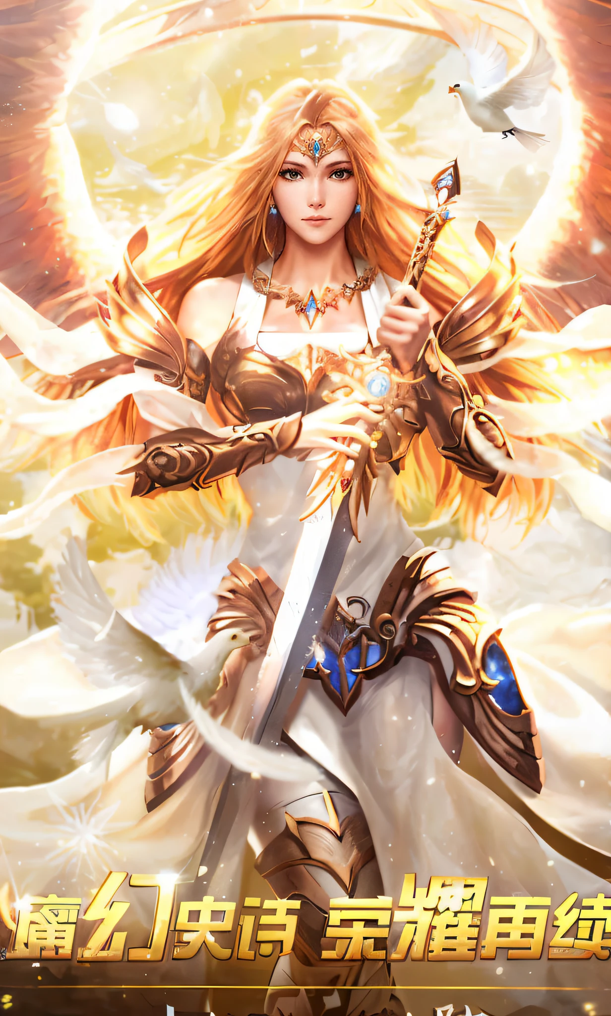 a close up of a woman with a sword and a bird, angel knight girl, angelic golden armor, Goddess of Light, by Yang J, full - body majestic angel, as a mystical valkyrie, Anime goddess, tall female angel, female lord of change, an angel of the dawn light, angel in plastic armor, mystical atlantean valkyrie