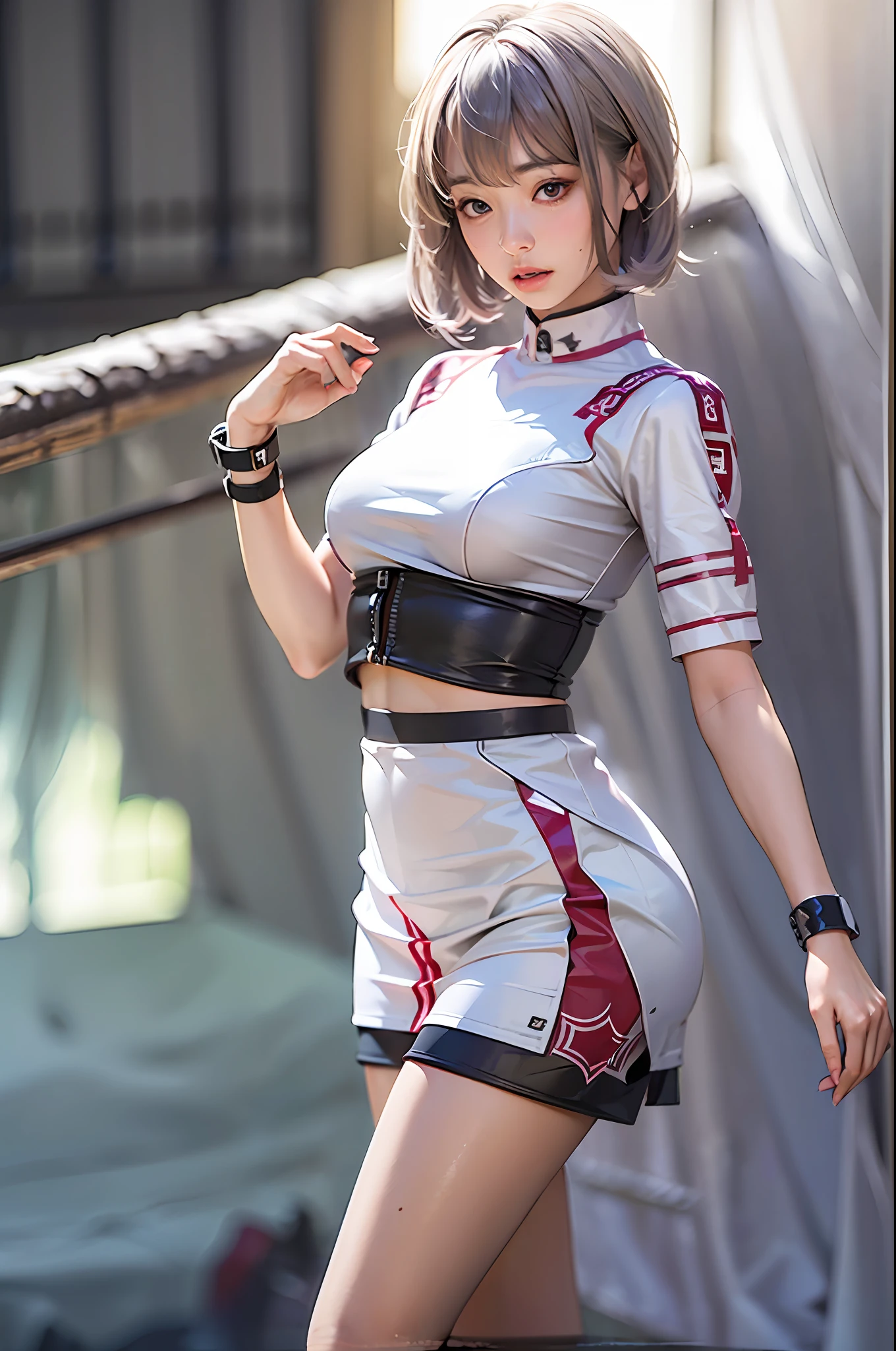 (RAW photo:1.2), (photorealistic:1.4) (masterpiece:1.3) (best quality:1.4), ultra high res, (de tailed eyes) (detailed facial features) (detailed clothes features) HDR,8k resolution, solo focus, bangs, skin tight, (shiny skin), (slender girl), dreamlike, (extreme detailed illustration), virtual world scenery, VirtualGirl-Rin, small breasts, bob hair, short hair, brown hair, brown eyes, 1girl, upper body, White super tight translucid mini skirt, short sleeve anime crop top