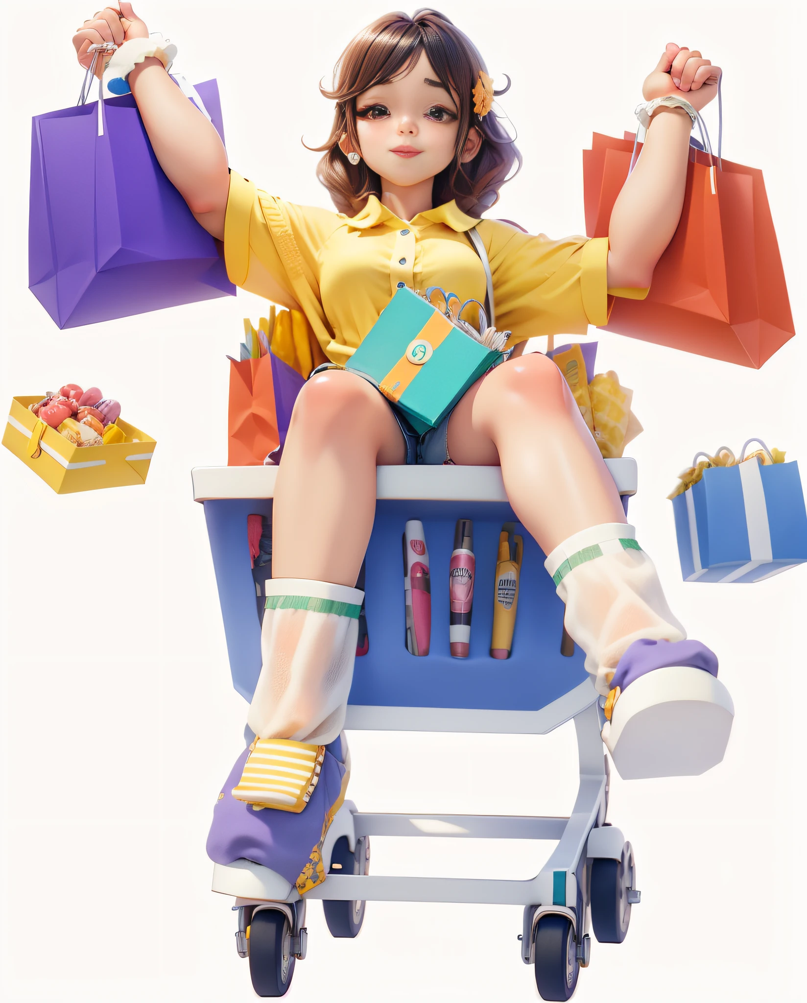 Paradise World/Carnival City,3Drenderingof,Dopamine mood heaven,Summer carnival style,Lovely and sophisticated building,Shop,Premium texture,high-class details,Studio lights ,Girl sitting in shopping cart,shopping bags,Box