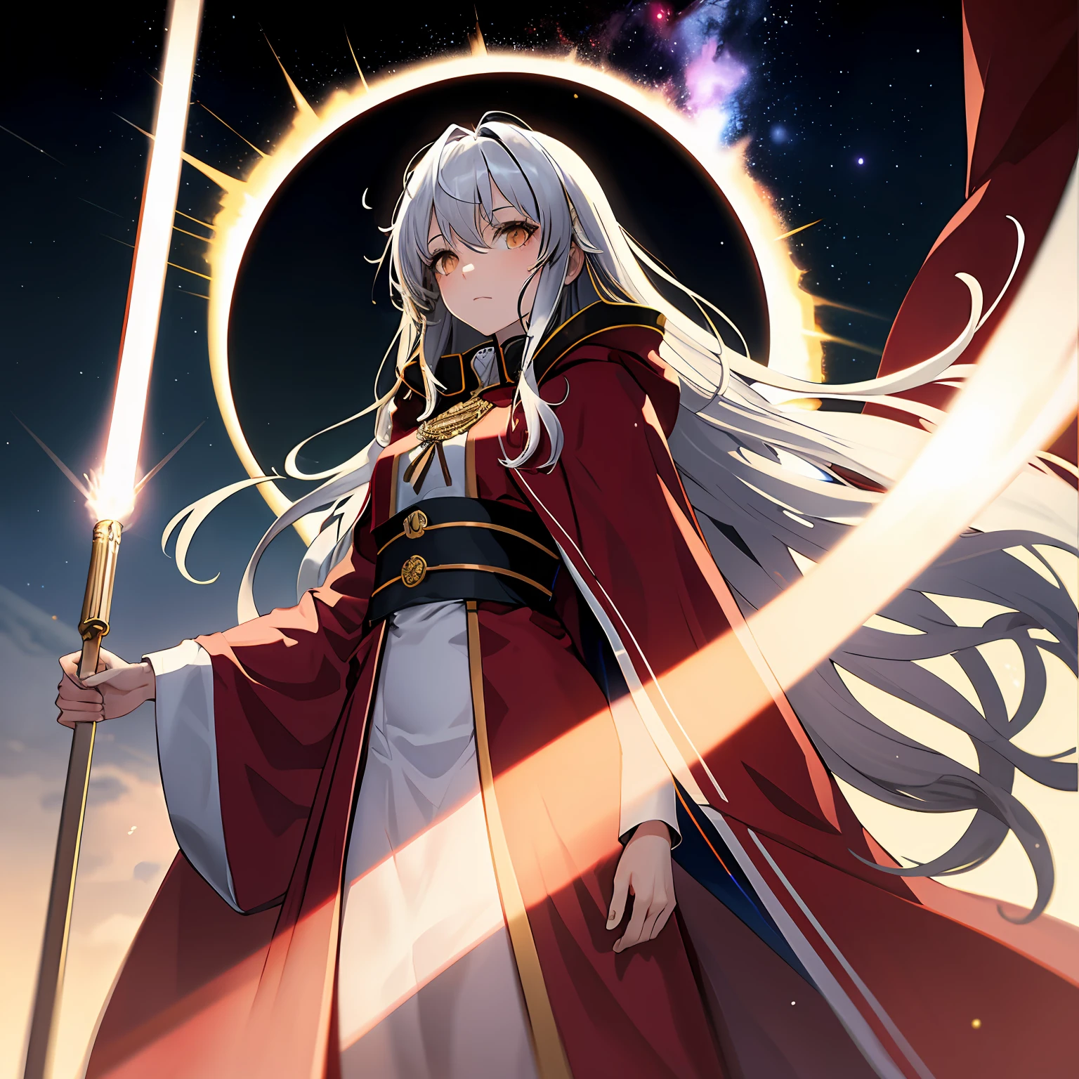rising_sun_flag,from below,galaxy,shine,shining,glow,gleam,highlight,girl,glowing hair,gold hair,silver hair,long hair,aura of light,red cloak